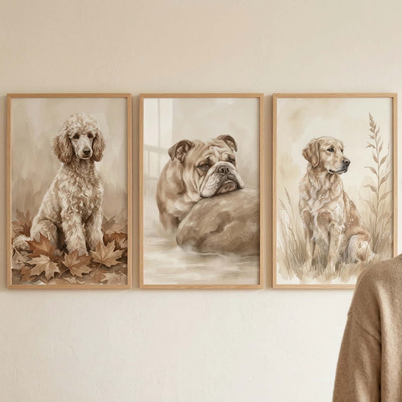 Three framed illustrations of different dog breeds are arranged on a weathered wooden ledge against a neutral wall. From left to right: a curly-haired dog sits alertly amidst a pile of brown autumn leaves; a stocky dog with a wrinkled face rests its chin on a large boulder; and a long-haired dog sits in a field of tall, wispy grasses. All three artworks feature a soft, monochromatic sepia tone and are housed in simple, light wood frames, creating a warm and rustic aesthetic.