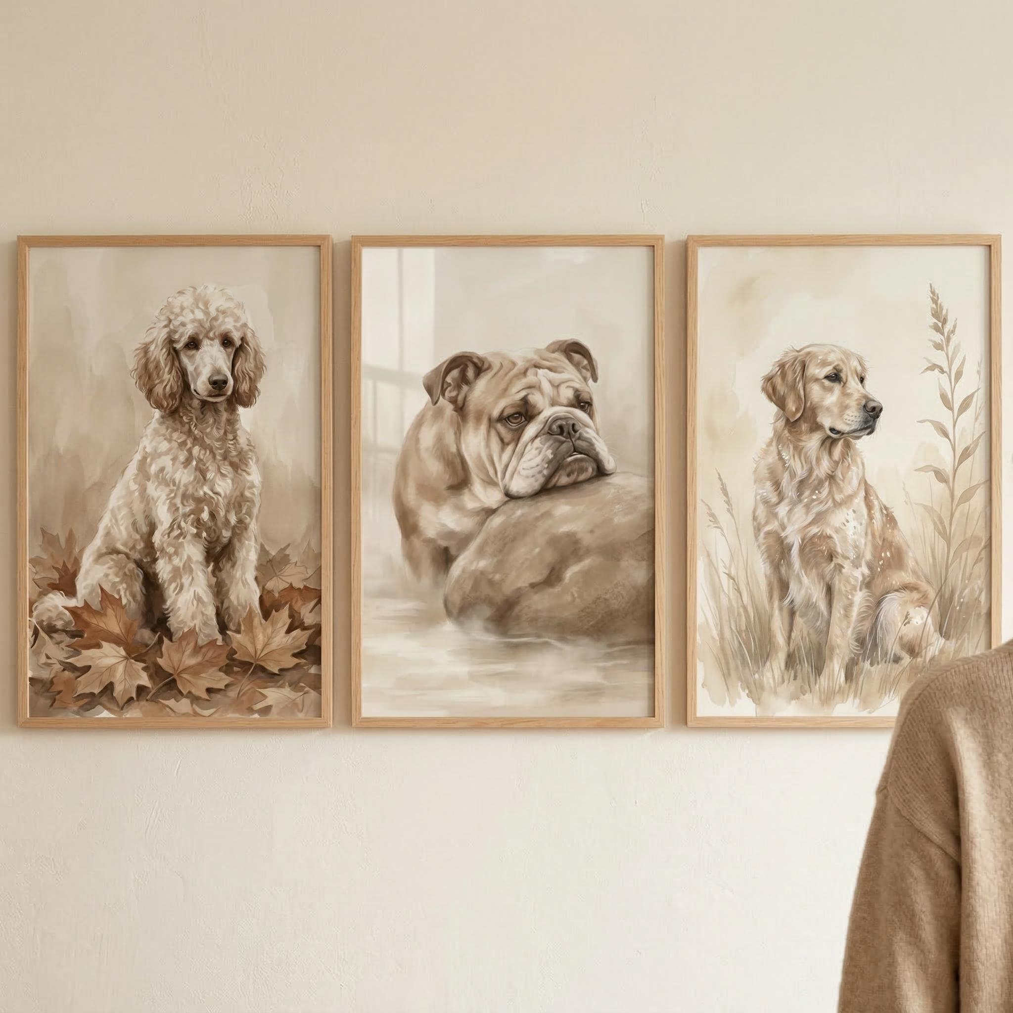Watercolor Dog Artwork Set of 3 - Sepia Dog Portraits