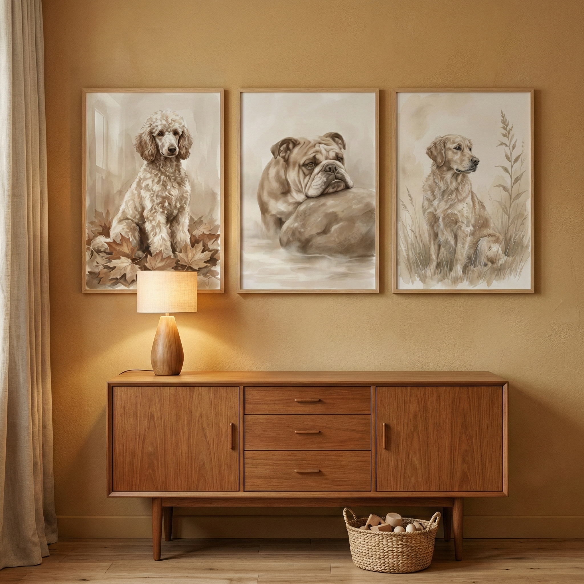 Watercolor Dog Artwork Set of 3 - Sepia Dog Portraits
