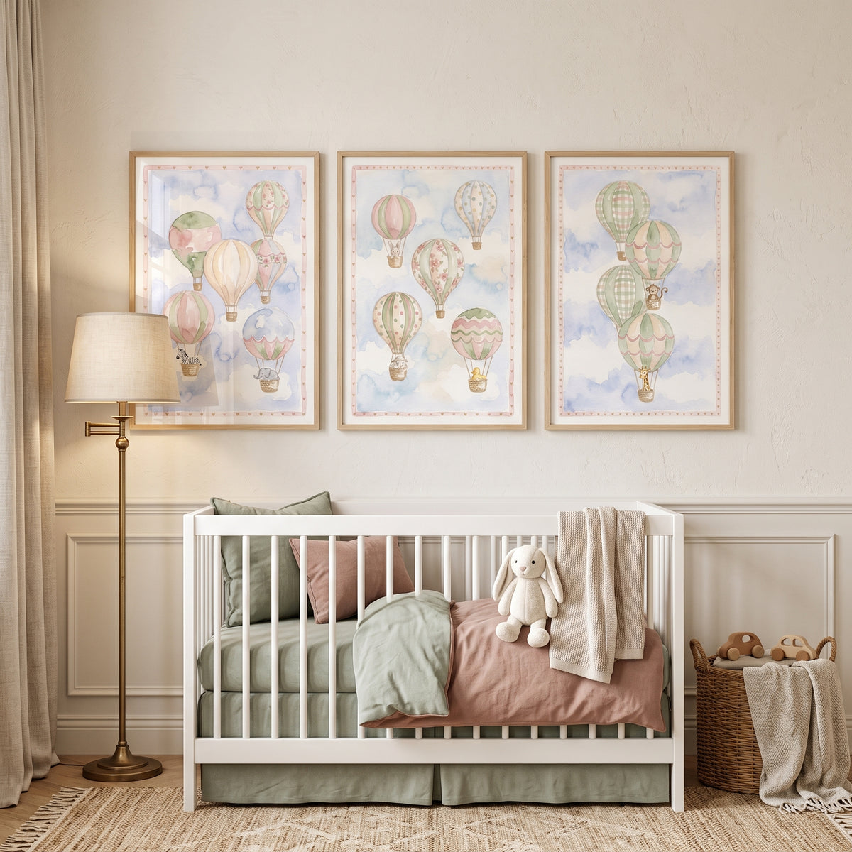 Watercolor Dreamy Animal Balloon Wall Art Set Of 3 - Soft Sky Friends