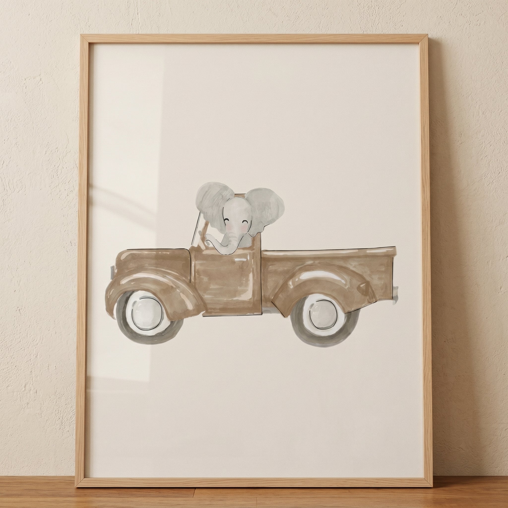 Watercolor Driving Truck Elephant Wall Art - Elephant Road Trip