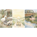Three soft watercolor panels show a white goose and small frog interacting with vintage cars in peaceful countryside settings. The scenes include fixing a car engine in a rustic shed, driving down a long road toward a glowing sunset, and enjoying a picnic beside a stream with flowers and a parked wood paneled car.
