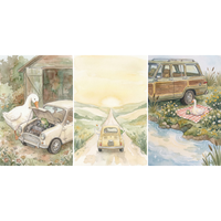 Three soft watercolor panels show a white goose and small frog interacting with vintage cars in peaceful countryside settings. The scenes include fixing a car engine in a rustic shed, driving down a long road toward a glowing sunset, and enjoying a picnic beside a stream with flowers and a parked wood paneled car.
