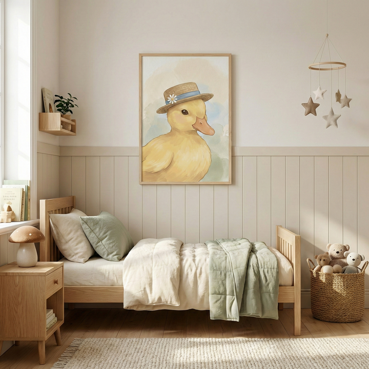 A neutral-toned child's bedroom featuring a light wood bed with cream bedding and a sage green throw. Centered on the wall above the bed is a framed illustration of a small yellow duckling wearing a straw hat with a blue ribbon. To the left, a wooden nightstand holds a mushroom-shaped lamp. A woven basket filled with stuffed teddy bears sits on the floor, and a star mobile hangs from the ceiling. The room is softly lit by natural light, creating a serene atmosphere.