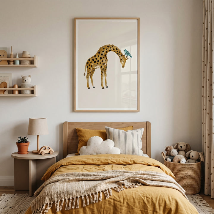 Watercolor earth tone giraffe wall art hangs above a bed with yellow bedding, a cloud pillow, and a basket of plush toys.