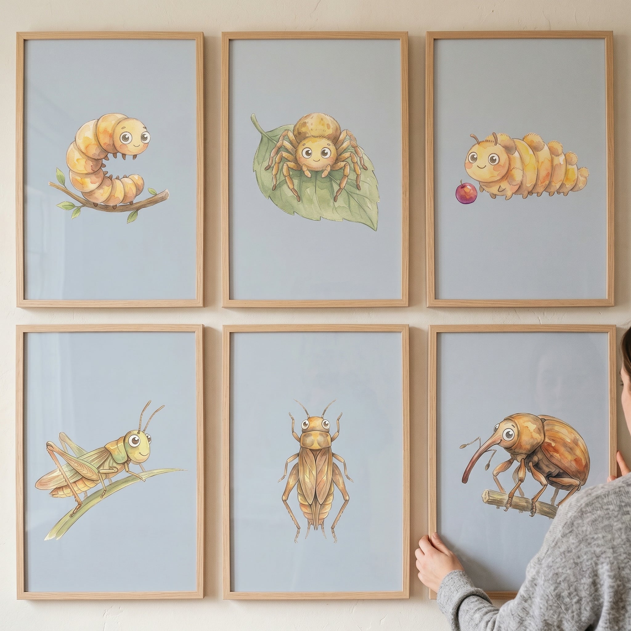 Watercolor Earthy Garden Insect Wall Art Set of 6 - Whimsical Bug Friends