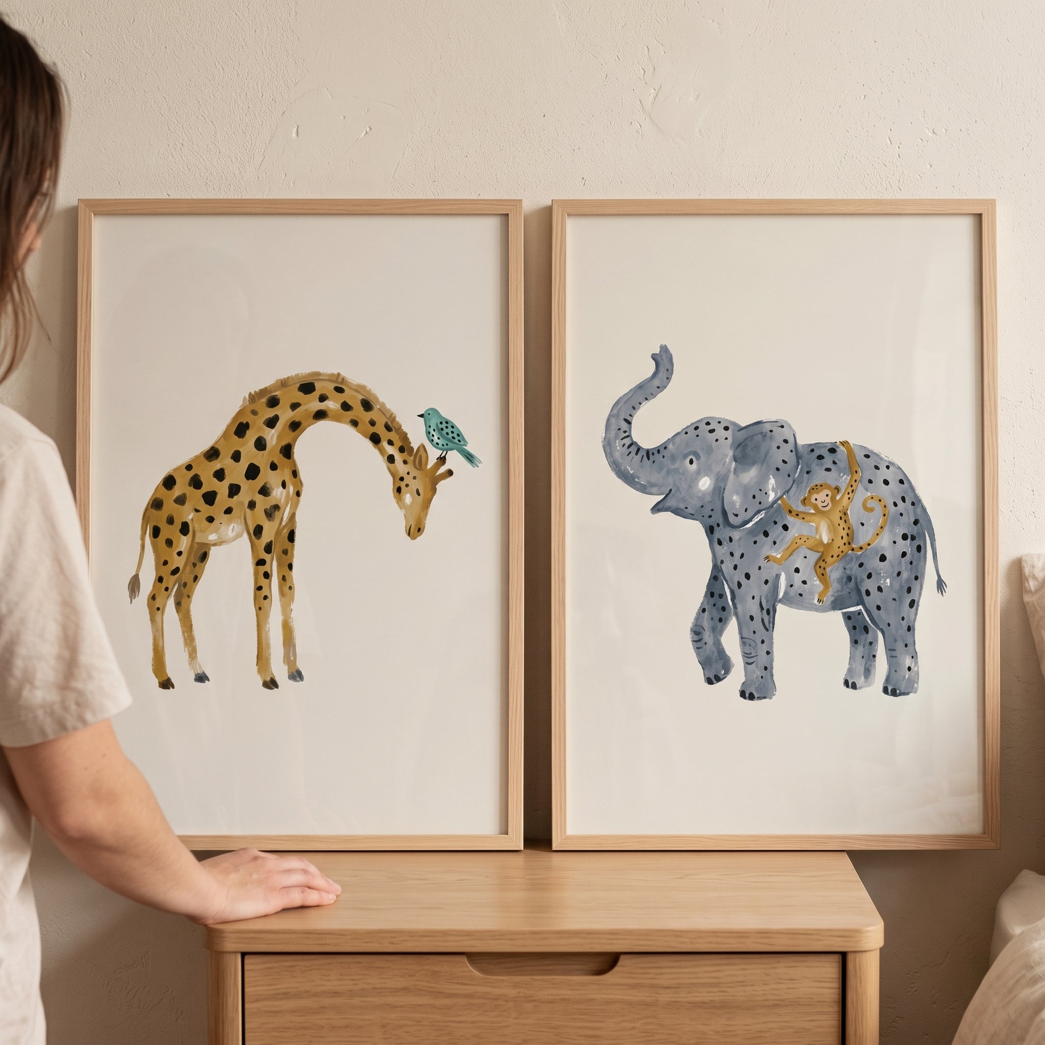 Watercolor Earthy Safari Animals Wall Art Set of 2 - Savanna Animal Duo