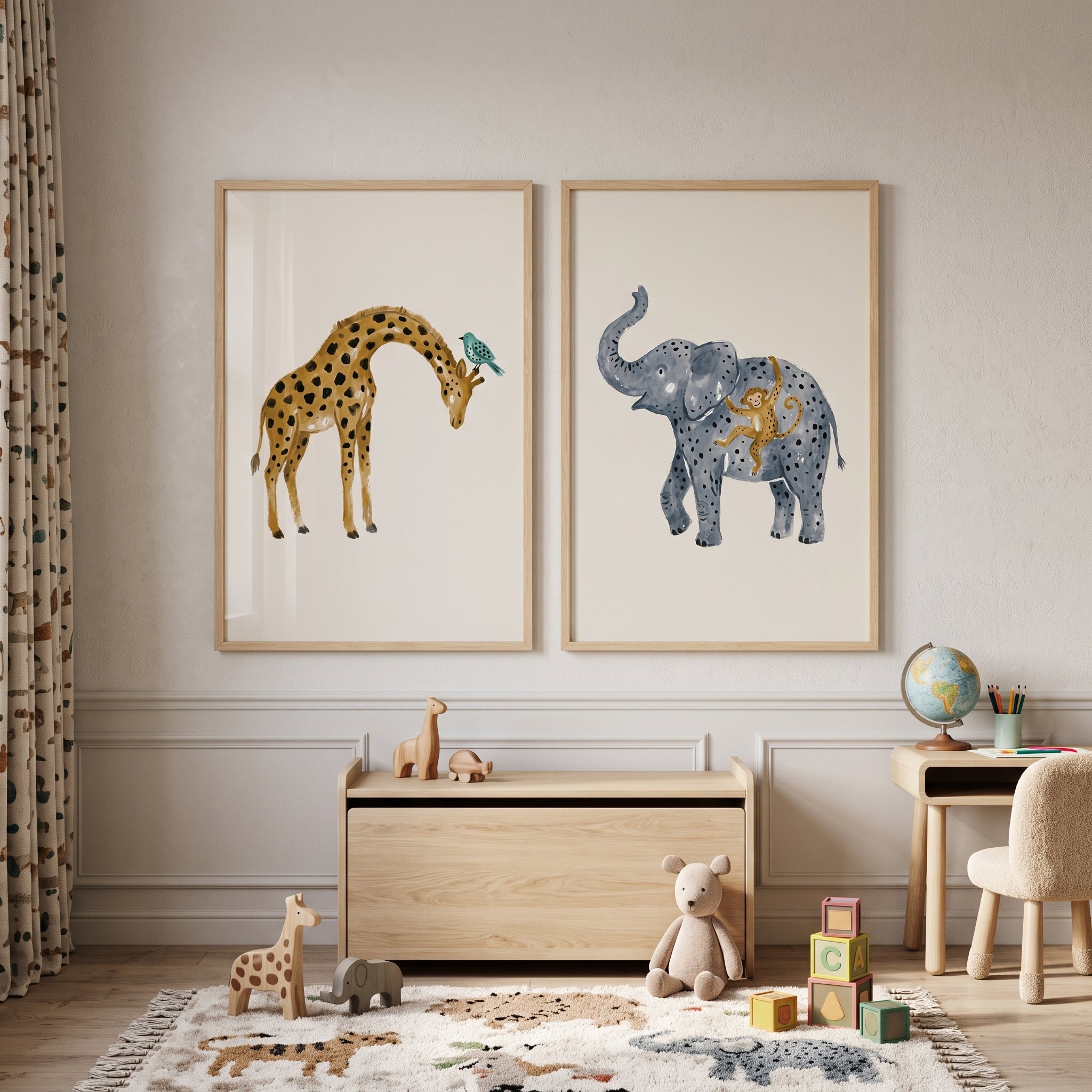Watercolor Earthy Safari Animals Wall Art Set of 2 - Savanna Animal Duo