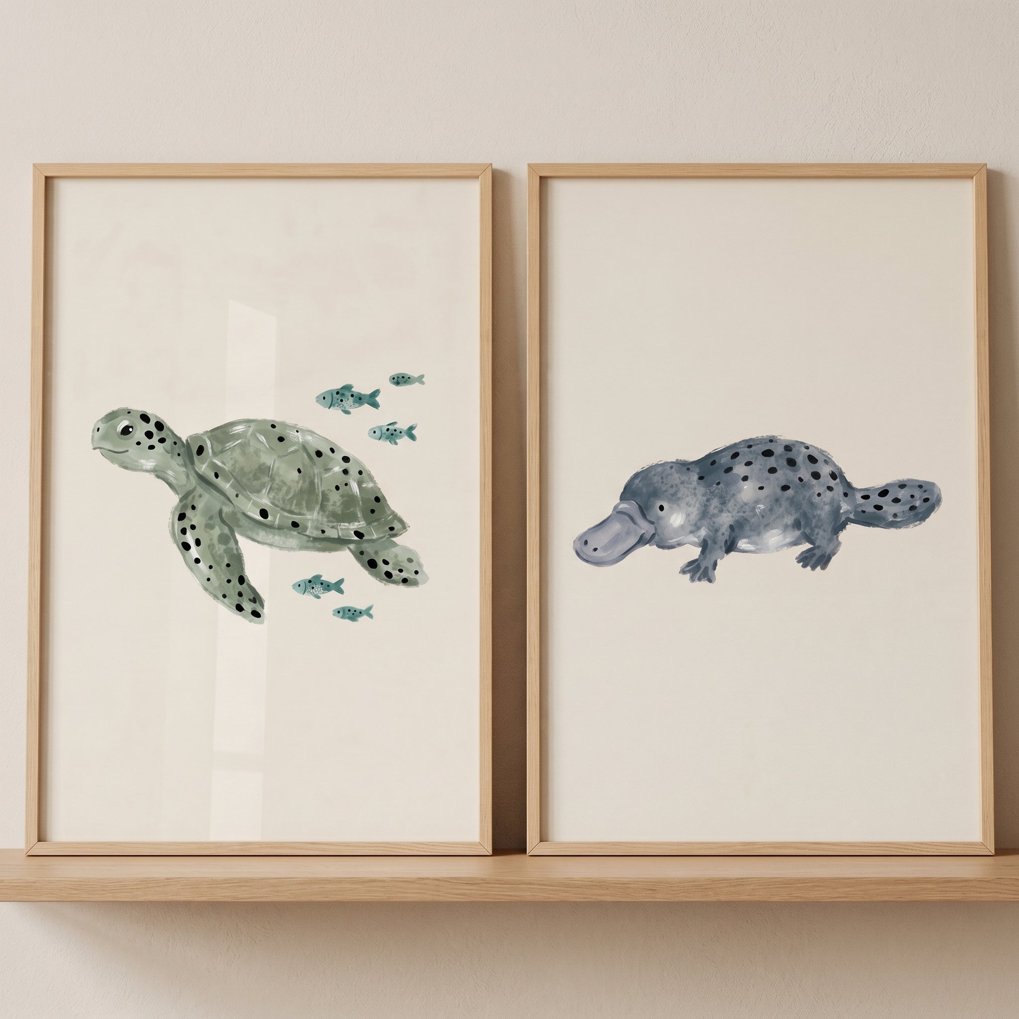 Watercolor Earthy Spotted Animals Wall Art Set of 2 - Gentle Aquatic Creatures