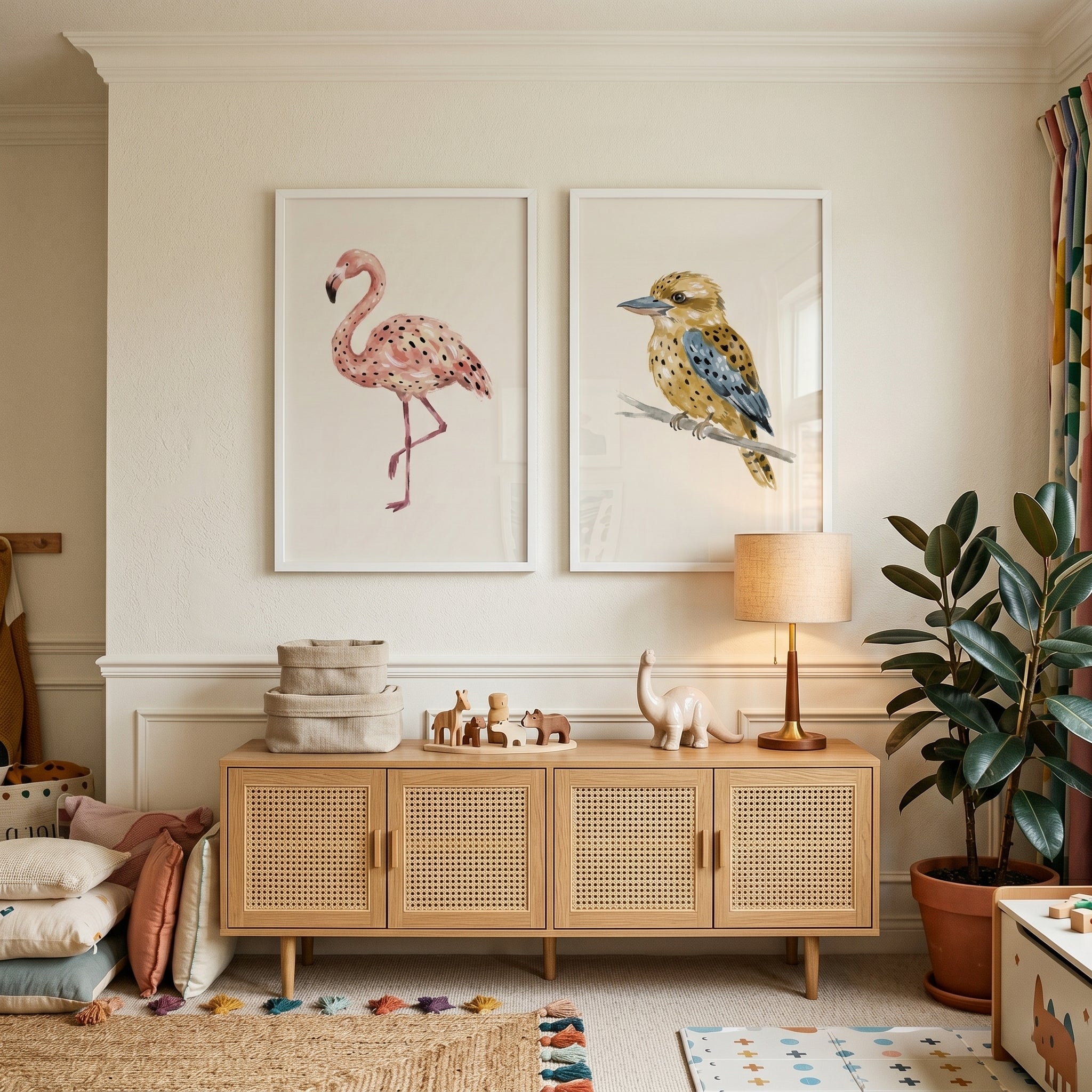 Watercolor Earthy Spotted Birds Wall Art Set of 2 - Tropical Avian Set