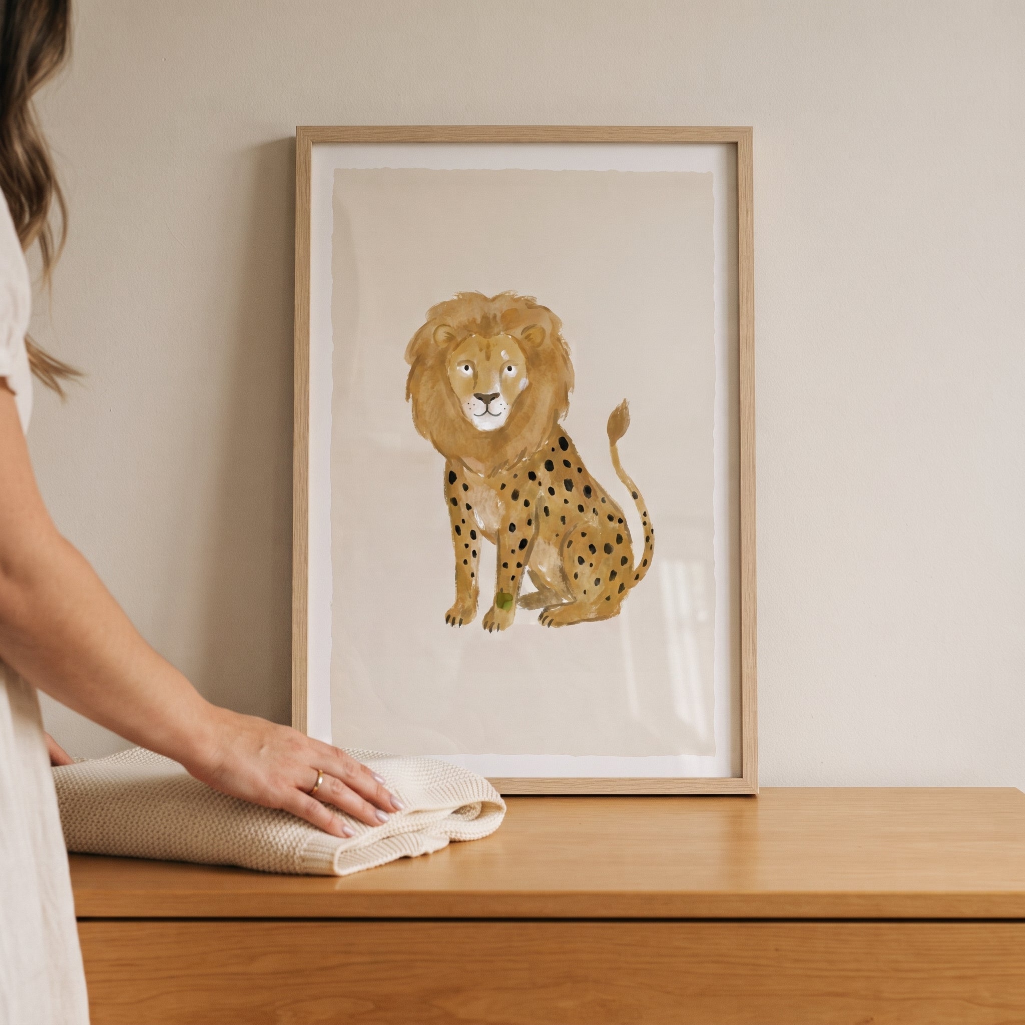 Watercolor Earthy Spotted Lion Wall Art - Whimsical Spotted Lion