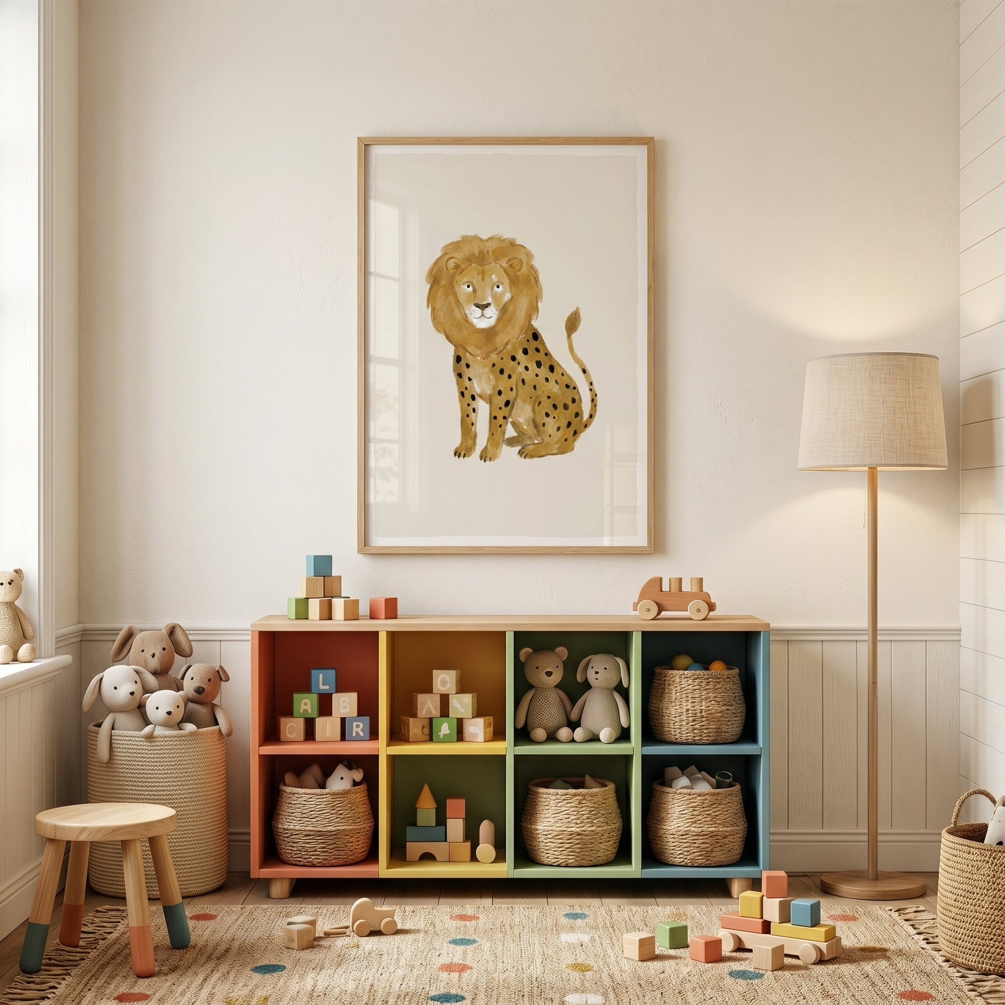 Watercolor Earthy Spotted Lion Wall Art - Whimsical Spotted Lion