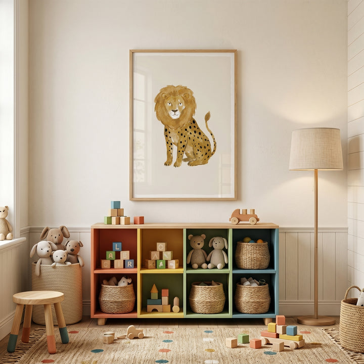 Nursery featuring watercolor earthy spotted lion wall art above a colorful cubby shelf with plush toys and baskets.