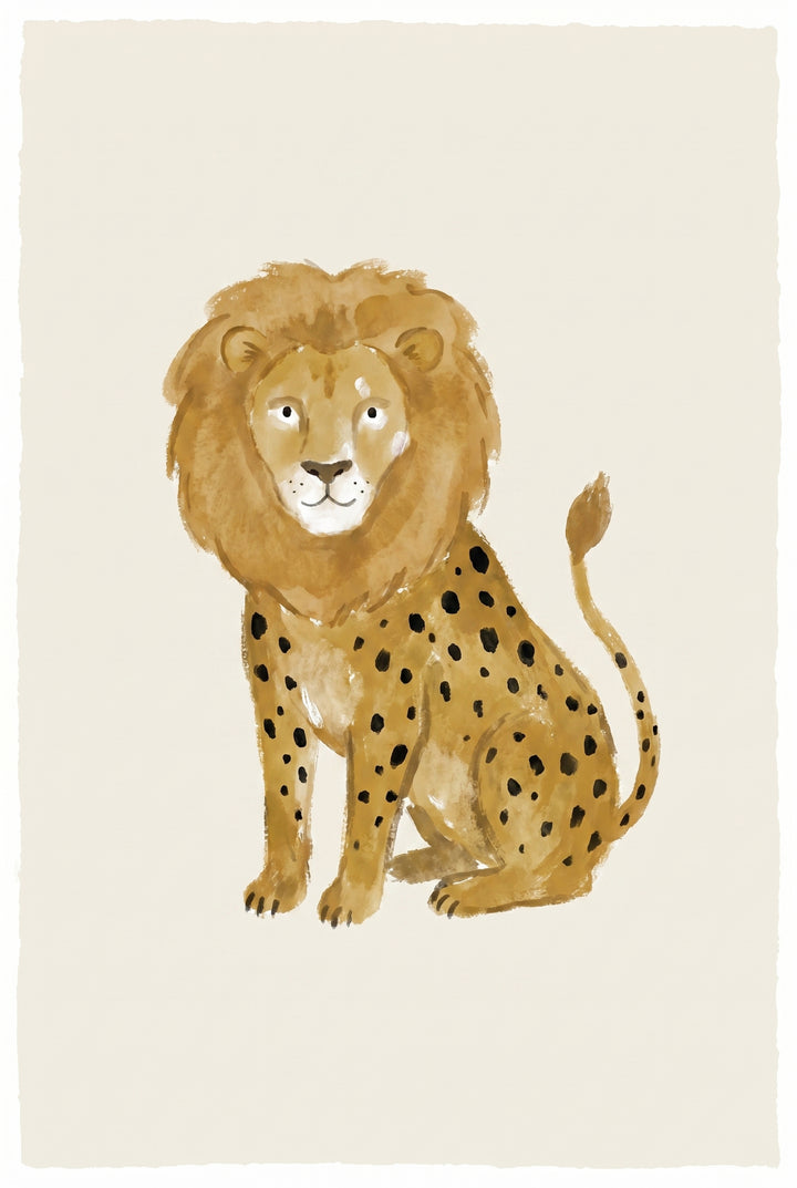 Watercolor earthy spotted lion wall art featuring a whimsical creature with a lion's mane and dark leopard-like spots.