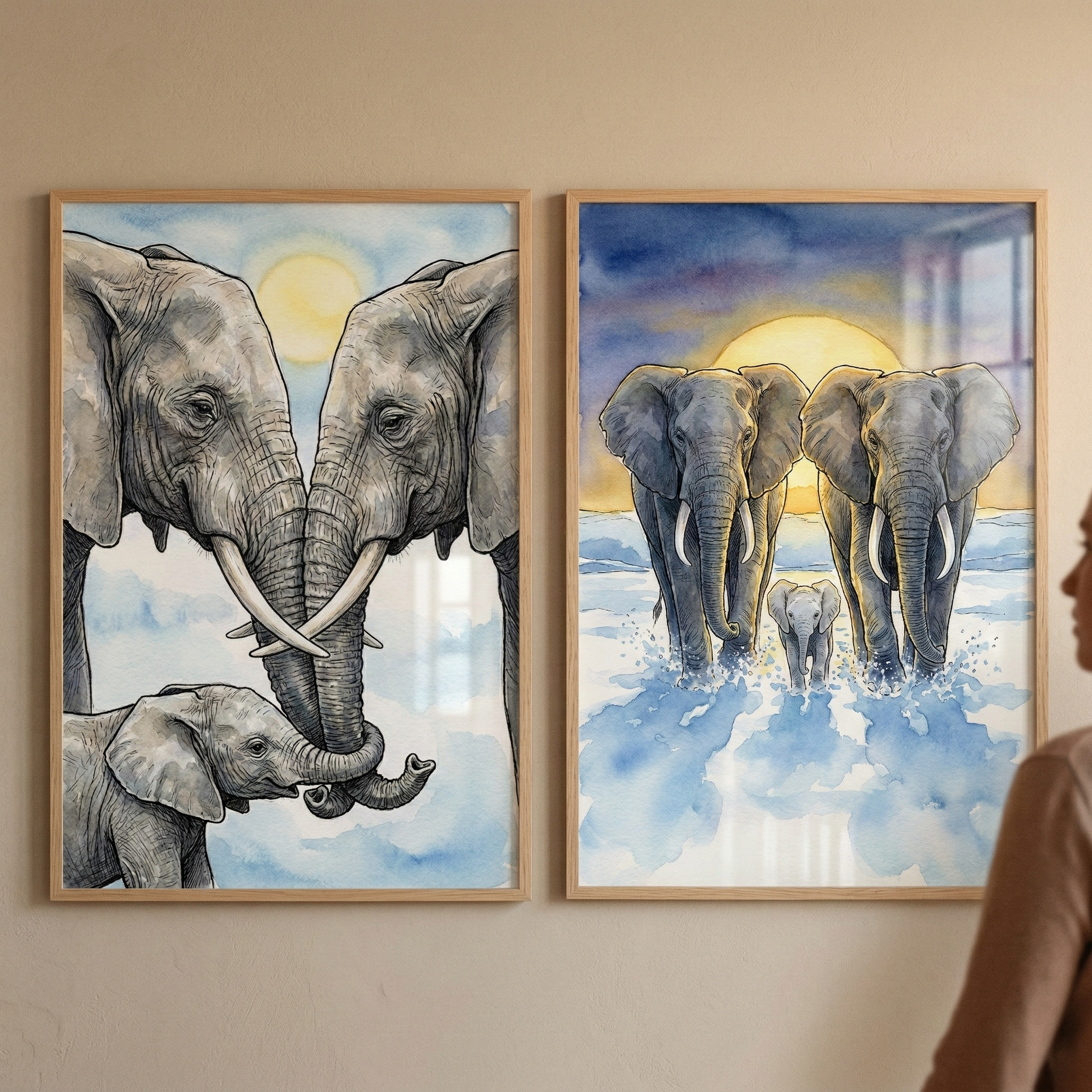 Watercolor Elephant Family Wall Art Set of 2 - Elephant Family Bond