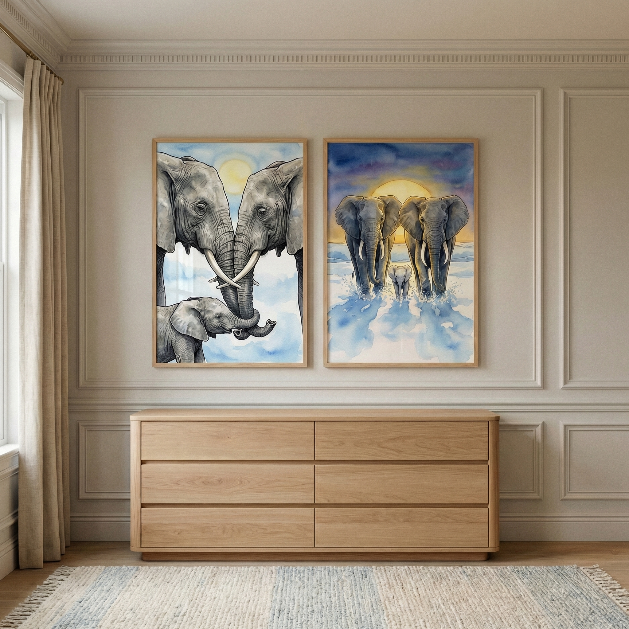 Watercolor Elephant Family Wall Art Set of 2 - Elephant Family Bond