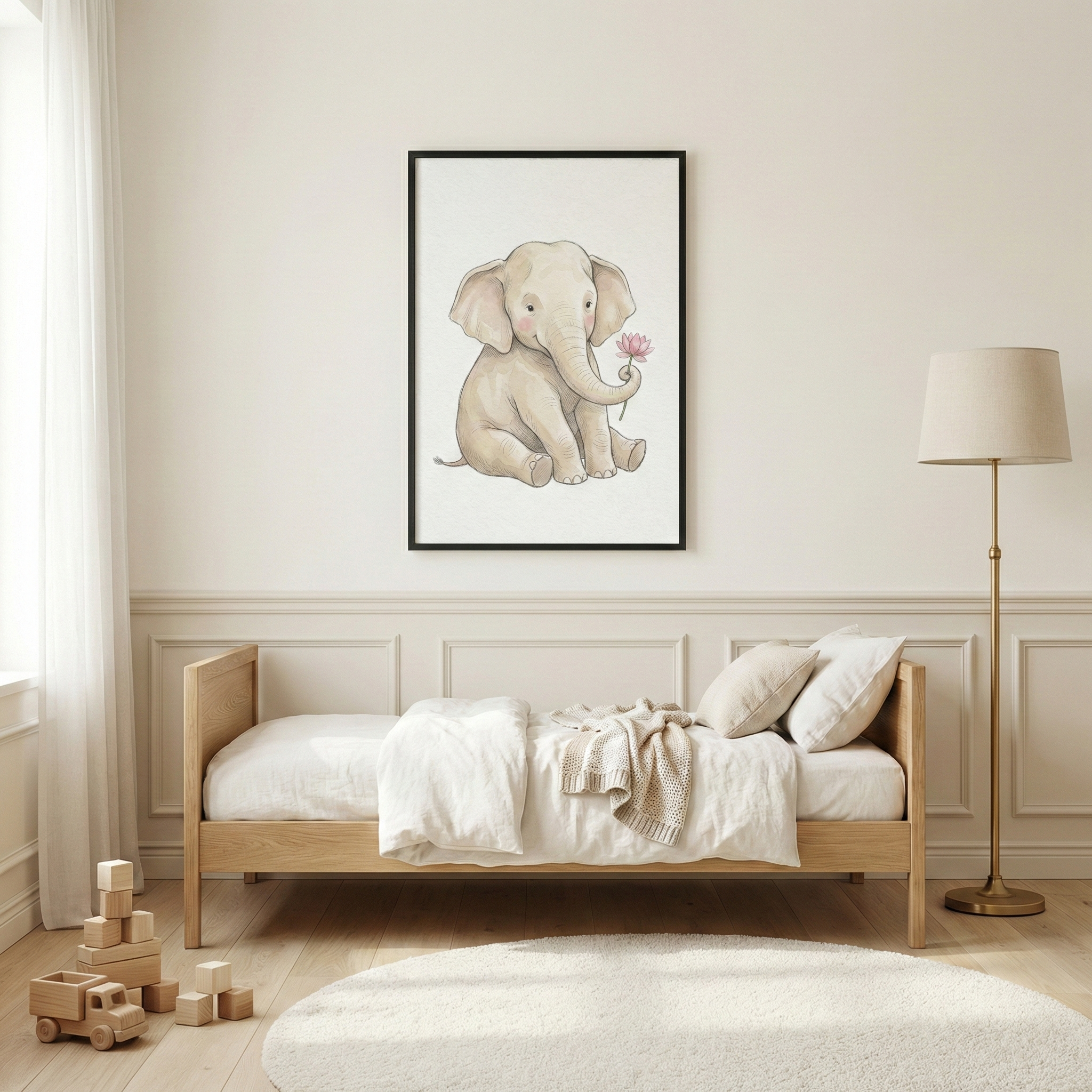 A serene child's bedroom featuring a light wood bed with white bedding and a cream-colored throw. Above the bed, a black frame holds a watercolor-style illustration of a sitting baby elephant holding a pink flower in its trunk. To the right of the bed stands a gold floor lamp with a cream shade. On the light wood floor, there is a round white rug and a collection of wooden toy blocks and a wooden toy truck. The room is decorated in a soft cream color with white curtains on the left.