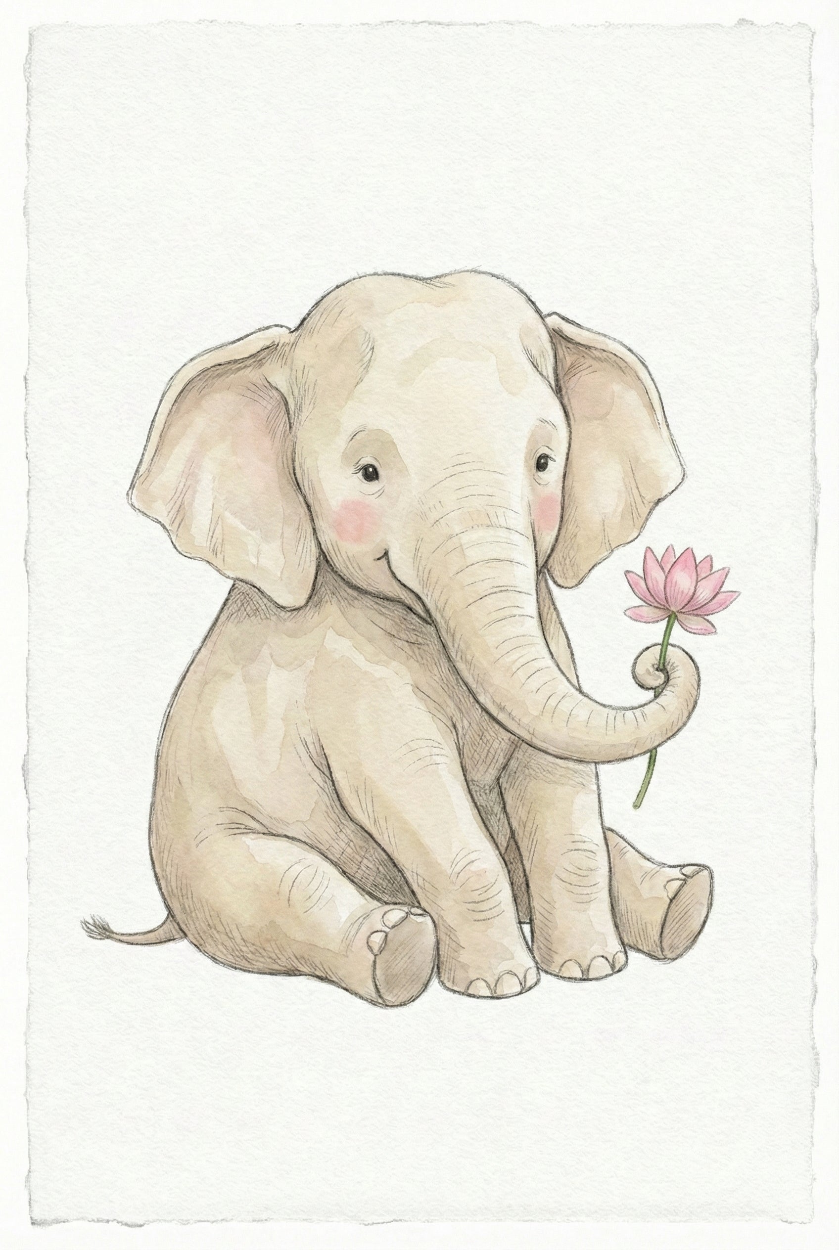 A watercolor-style illustration of a cute cartoon baby elephant. The elephant is a light beige color with soft rosy cheeks and a gentle smile. It sits upright on a white, textured background with deckled edges. The elephant's trunk is curled upward, holding a single pink lotus flower. Fine pencil lines define the elephant's features and skin texture. The artwork has a soft, whimsical feel, characterized by gentle shading and a clean, centered composition.