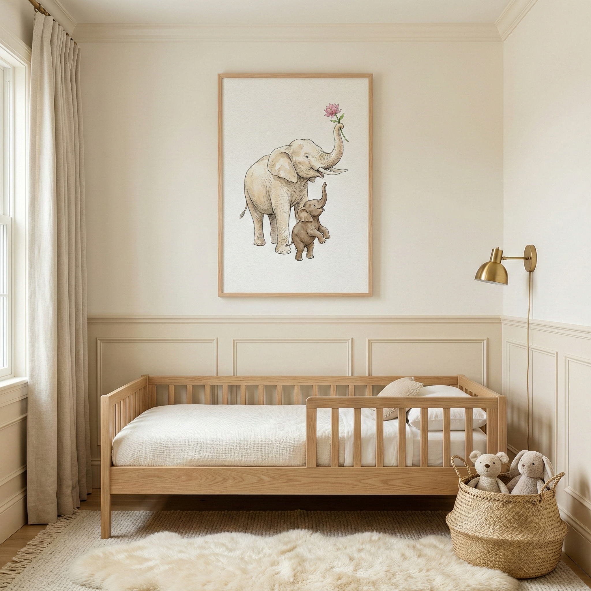 A serene child's bedroom features a light oak toddler bed set against cream walls with elegant wainscoting. Above the bed hangs a large framed watercolor-style illustration of an elephant and its calf, with the adult trunk holding a pink blossom. The space is styled with soft textures, including a shaggy white rug and a woven basket holding plush stuffed animals. A gold-toned wall sconce adds a warm glow to this calm, neutrally-toned nursery.