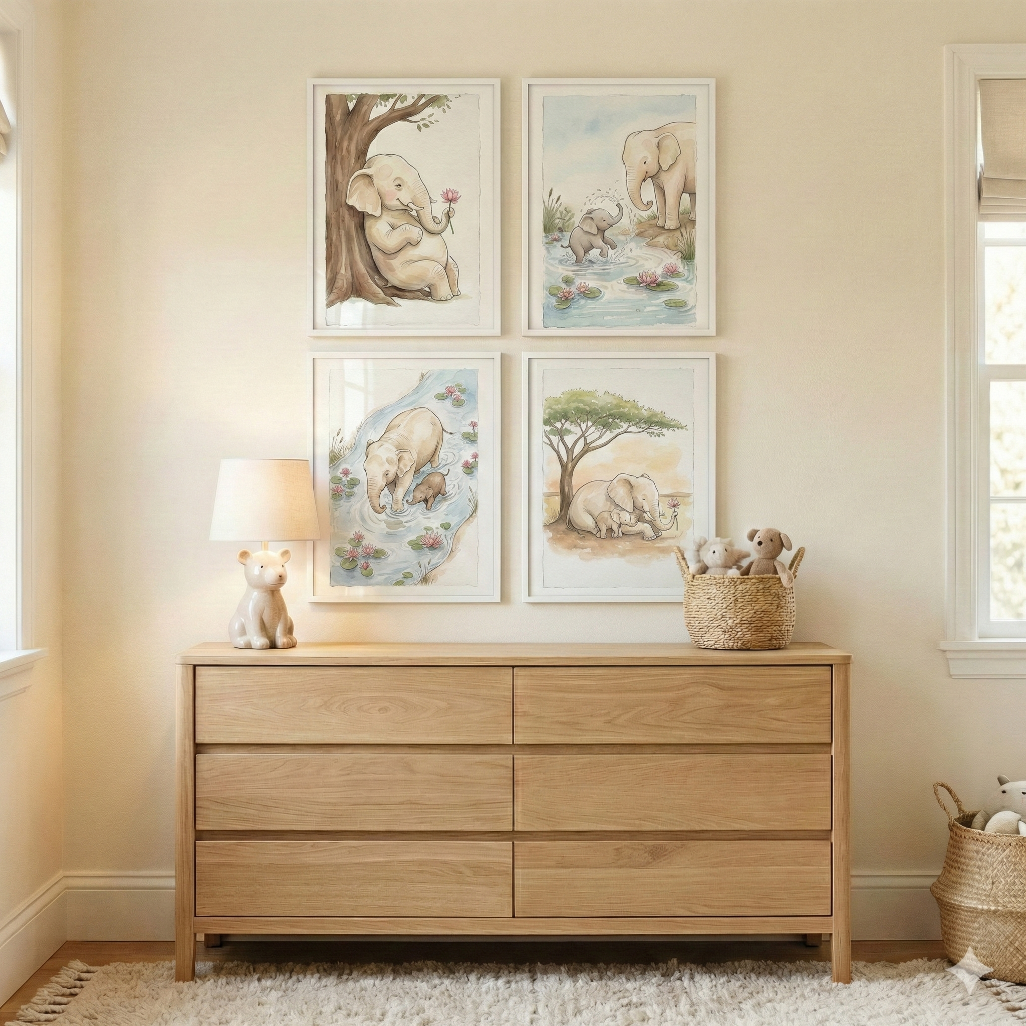 Watercolor Elephant Artwork Set Of 4 - Gentle Elephant Moments