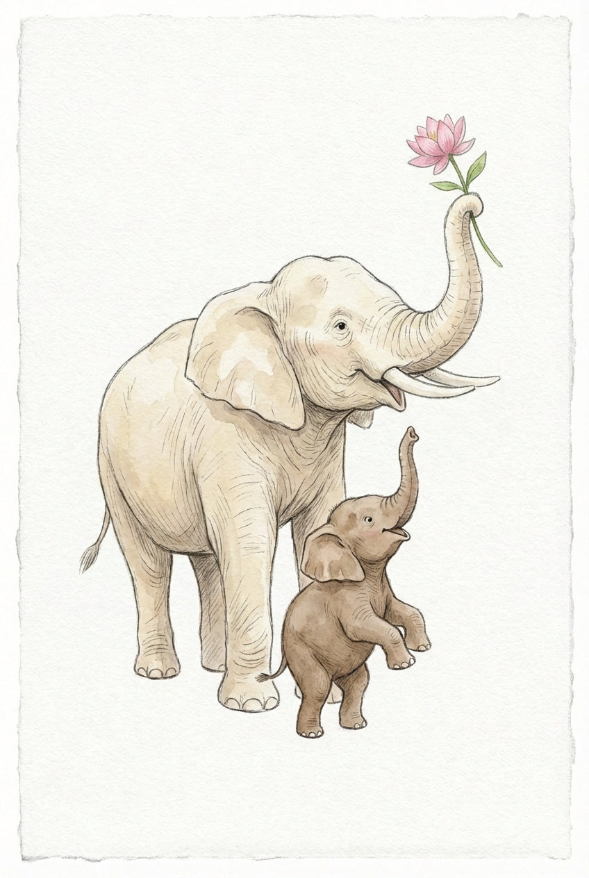 A watercolor-style illustration shows an adult elephant and a smaller calf against an off-white, textured background. The large, cream-colored adult elephant has long tusks and holds a single pink lotus flower high in its trunk. Beside it, a brown baby elephant stands on its hind legs, stretching its trunk up toward the flower. The style features soft washes of color and delicate line work, creating a gentle and endearing scene.