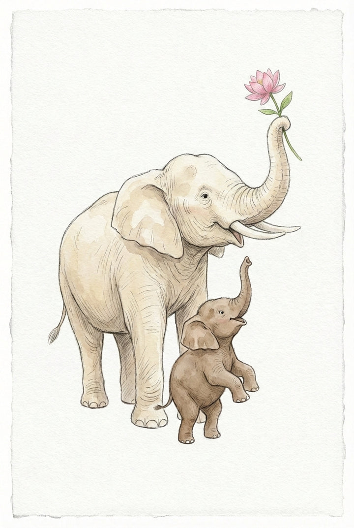 A watercolor-style illustration shows an adult elephant and a smaller calf against an off-white, textured background. The large, cream-colored adult elephant has long tusks and holds a single pink lotus flower high in its trunk. Beside it, a brown baby elephant stands on its hind legs, stretching its trunk up toward the flower. The style features soft washes of color and delicate line work, creating a gentle and endearing scene.