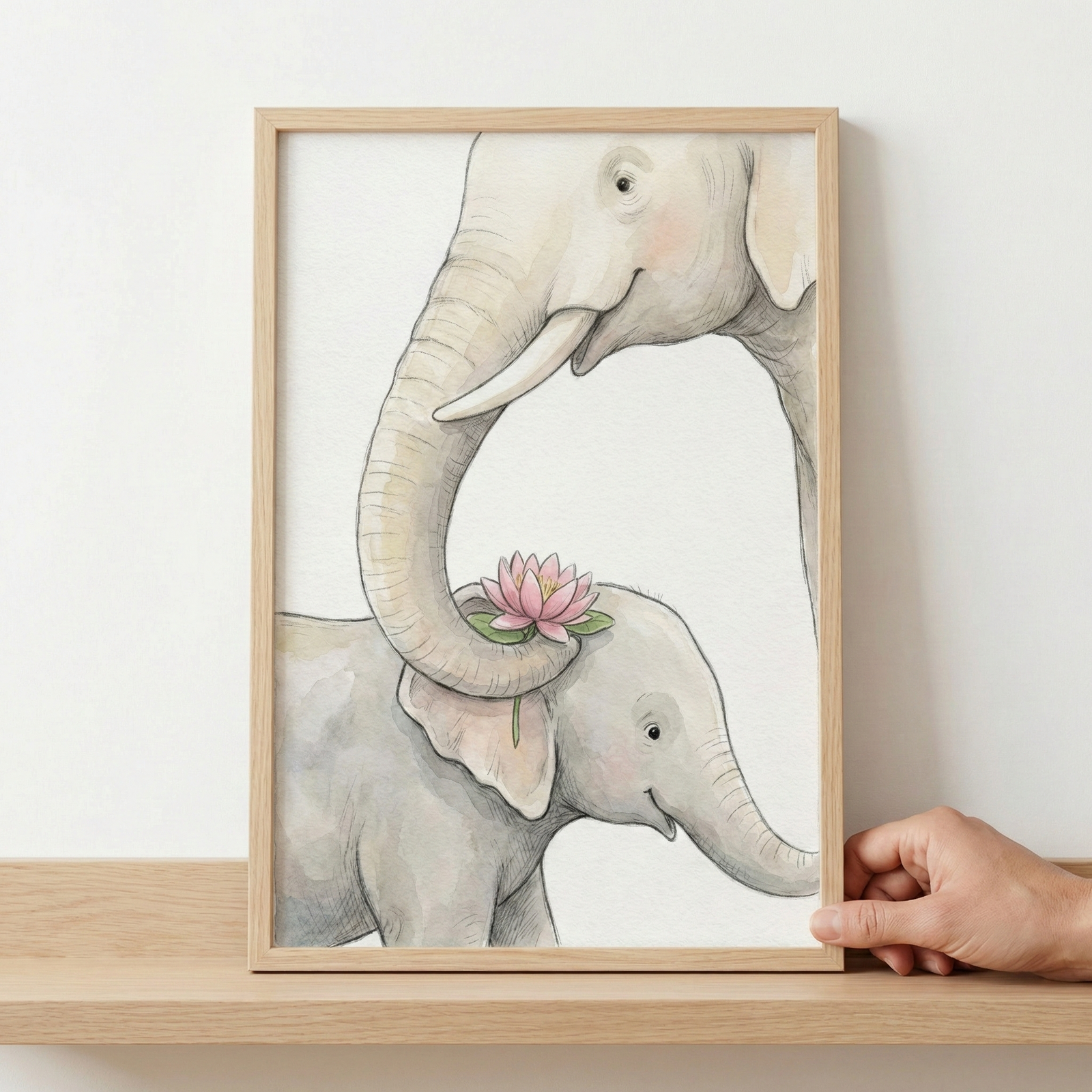 A soft-toned illustration captures a tender moment between an adult elephant and a young calf. The larger elephant curves its trunk over the smaller one's head, holding a delicate pink lotus flower in place. Both animals are depicted with gentle, smiling expressions in a style featuring light gray washes and fine, dark outlines. This vertical piece is displayed within a light-colored natural wood frame, resting on a wooden shelf against a clean, white background.