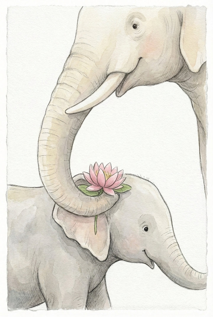 A gentle watercolor-style illustration features a large adult elephant and a small baby elephant against a light, textured background. The adult elephant’s trunk is tenderly curled over the baby elephant’s head, holding a single pink lotus flower with green leaves in place. Both animals have soft gray skin, subtle rosy cheeks, and kind, smiling expressions. The adult has a visible white tusk. The scene uses delicate lines and soft color washes to create a serene and heartwarming mood.