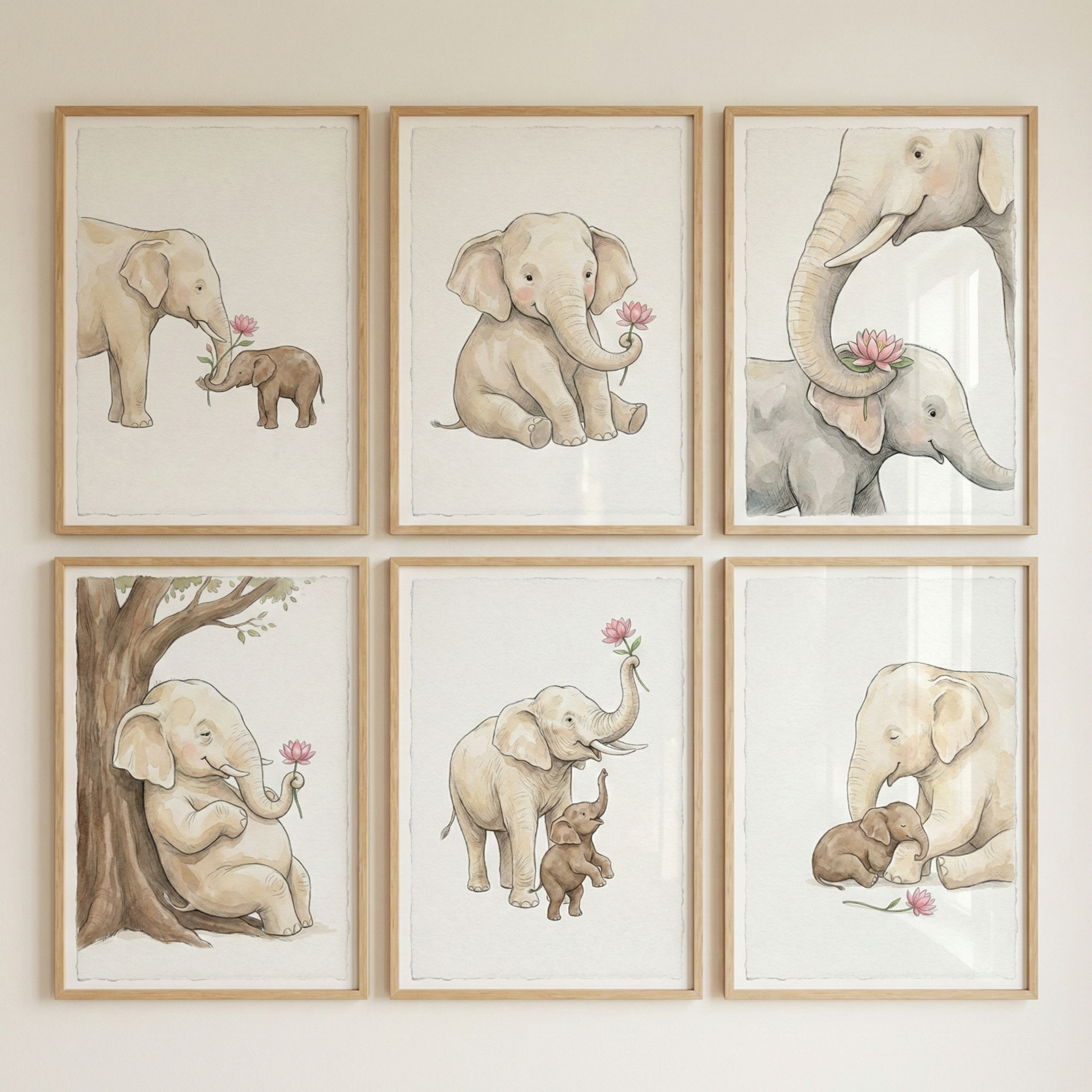 Nursery Elephant Wall Art Set Of 6 - Gentle Elephant Blossoms