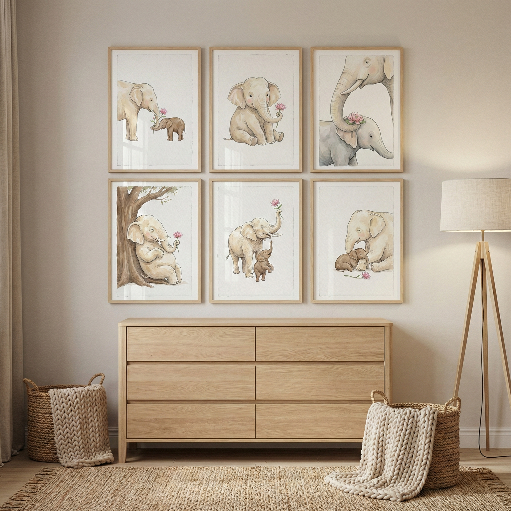 Nursery Elephant Wall Art Set Of 6 - Gentle Elephant Blossoms