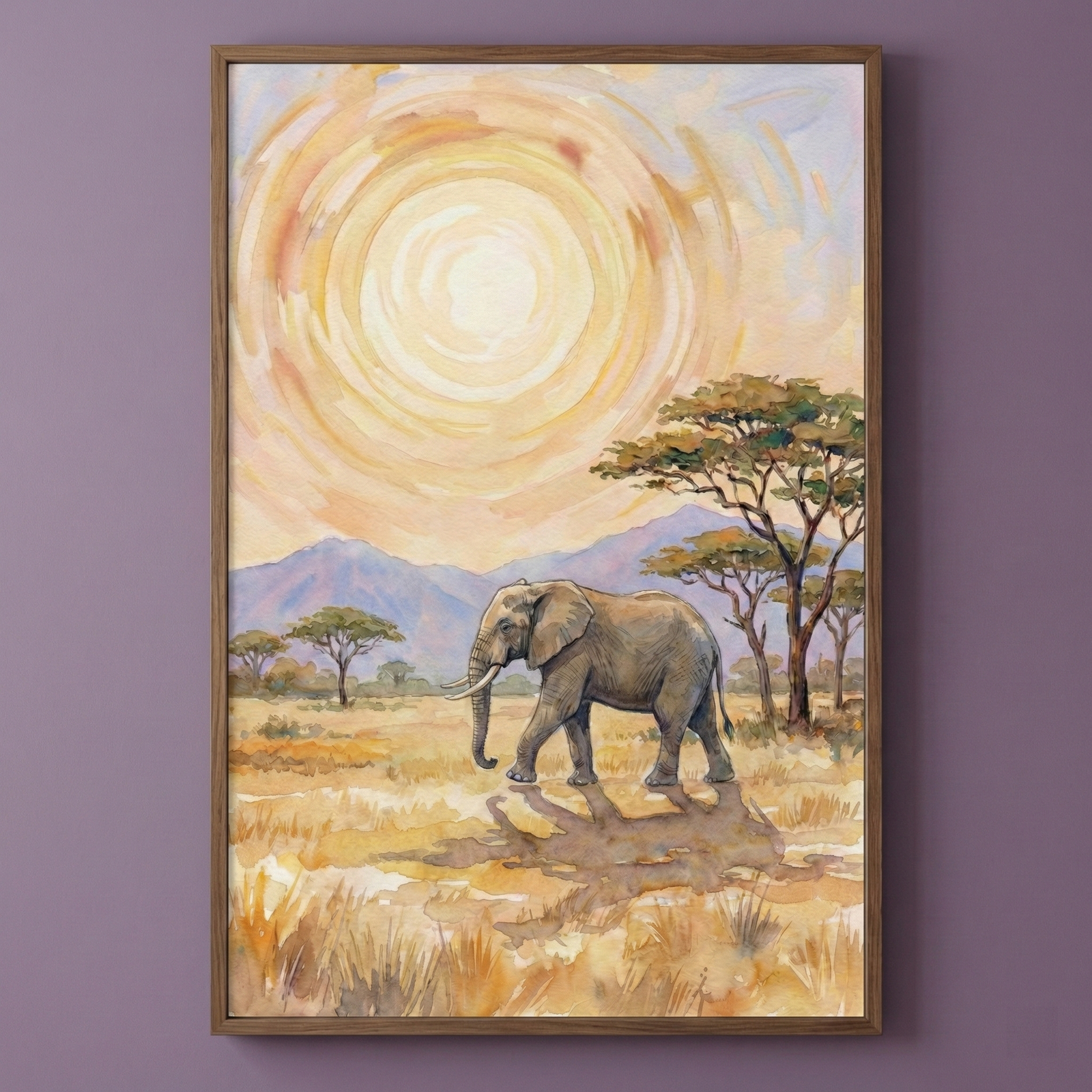 A framed painting depicts an elephant walking through a sunlit savanna, with large acacia trees and distant mountains under a swirling, radiant sun.
