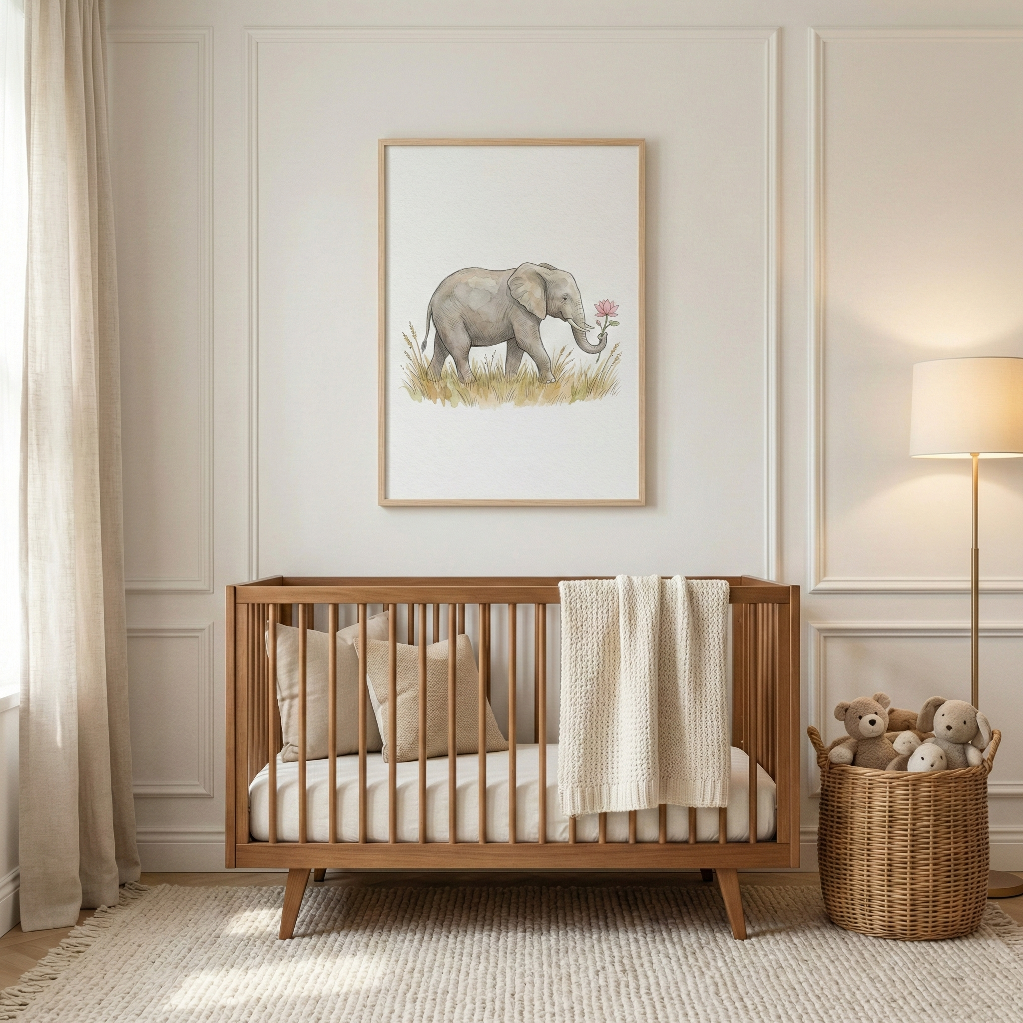 A cozy nursery features a wooden crib with soft pillows and a knitted blanket, set against a light-colored wall. Above the crib hangs a framed picture of an elephant holding a flower. To the right, a wicker basket filled with plush teddy bears sits near a standing lamp, and sunlight filters through sheer curtains.