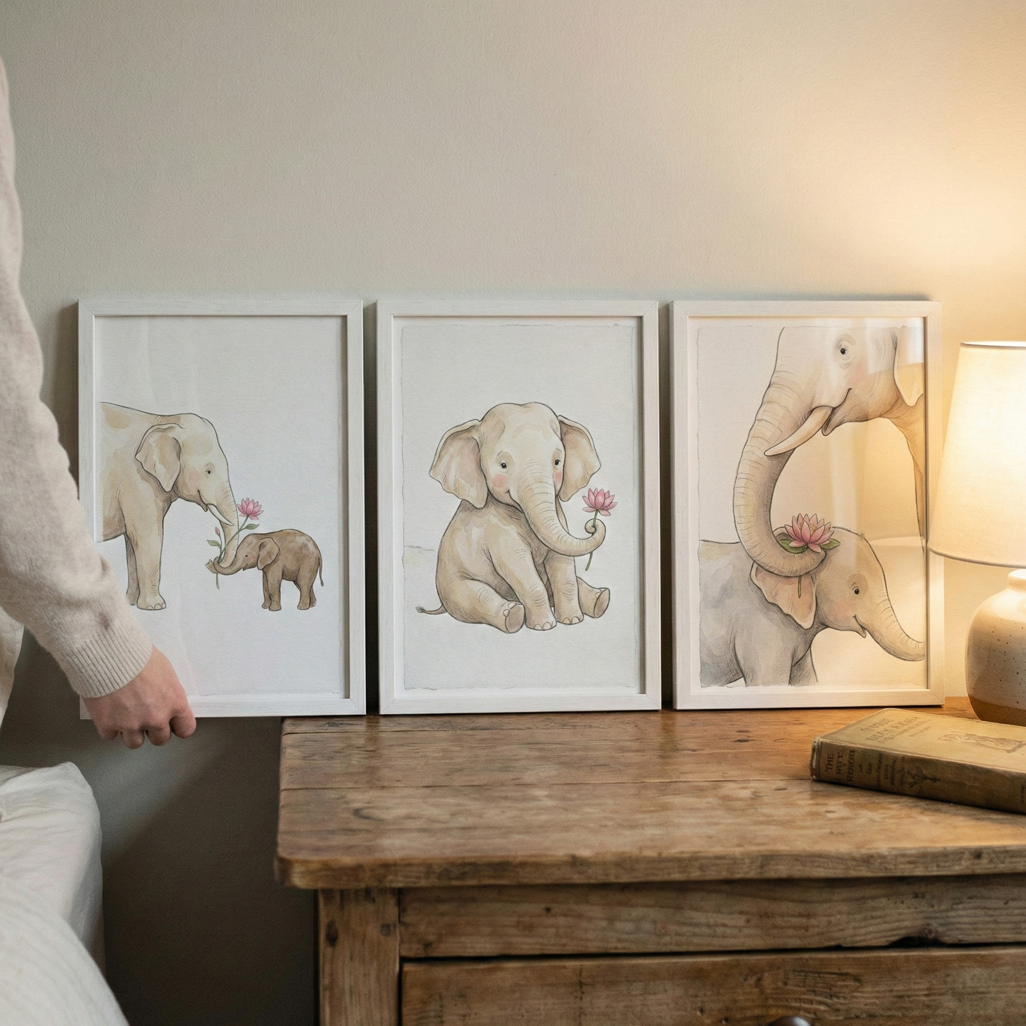 Watercolor Elephant Wall Art Set Of 3 - Gentle Elephant Love