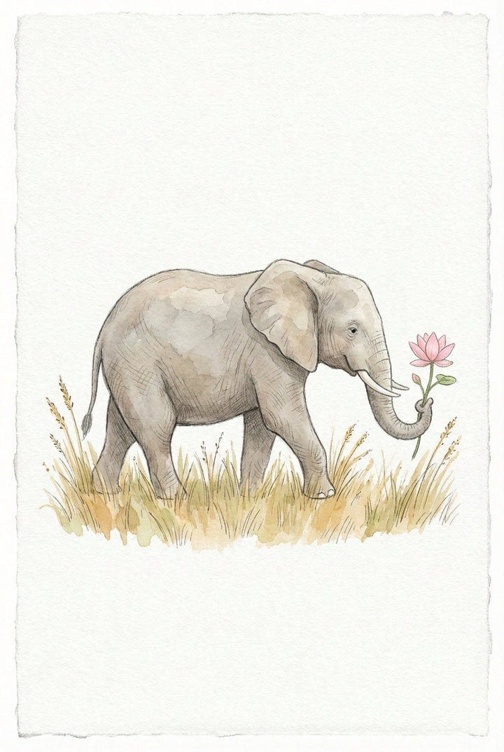 A delicate watercolor and ink illustration of a young elephant walking across a grassy plain. The elephant is light grey with soft shading, holding a single pink flower in its curled trunk. It walks through patches of tall, golden grass and slender reeds. The artwork is set against a textured off-white background with a deckled edge, creating a gentle and whimsical feel. The style uses soft washes of color and fine line work to create a charming scene.