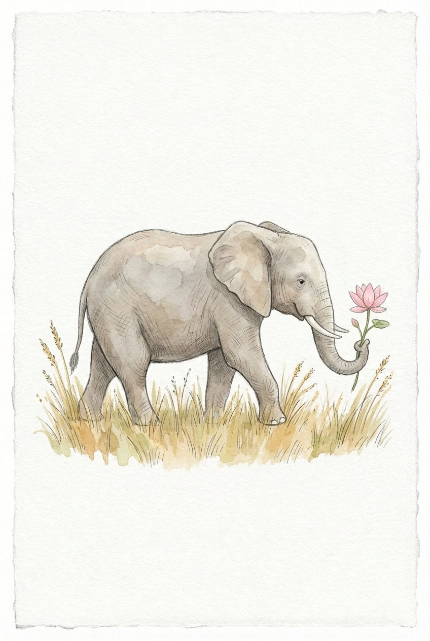 Watercolor Elephant Wall Art - Gentle Elephant Bloom