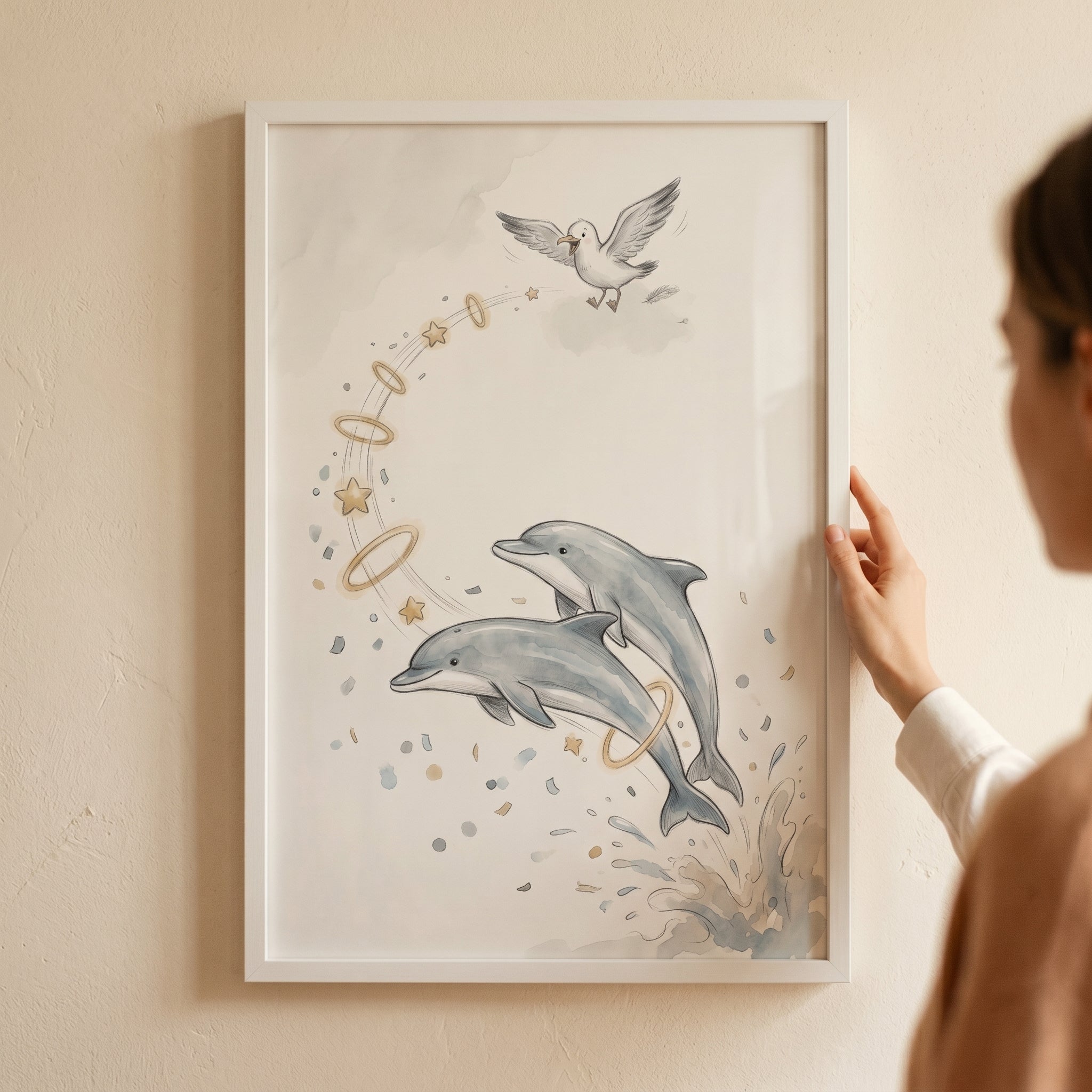 Watercolor Ethereal Jumping Dolphin Wall Art - Ocean Magic Leap