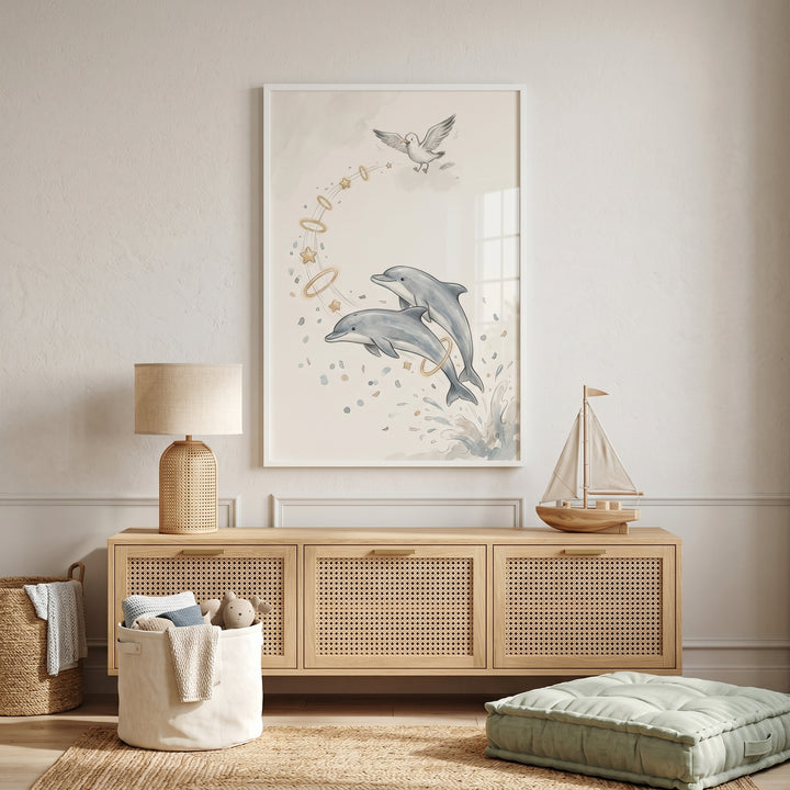 Watercolor ethereal jumping dolphin wall art hangs above a wooden cabinet with woven doors in a bright, neutral nursery.