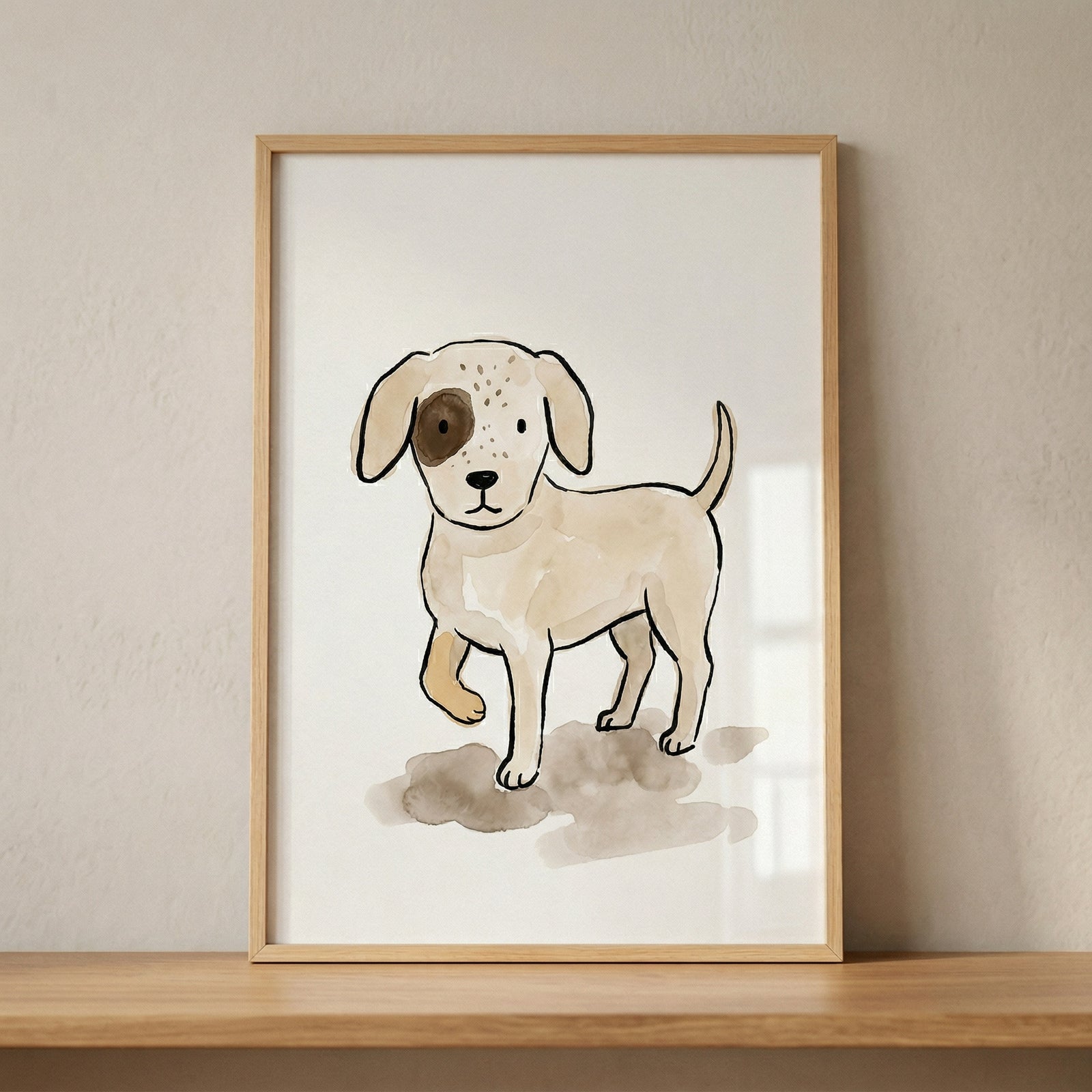 A minimalist watercolor-style illustration of a small puppy, presented in a light wood frame resting on a matching wooden surface. The puppy is a light cream color with a dark brown patch around its right eye and subtle brown speckles on its forehead. 
