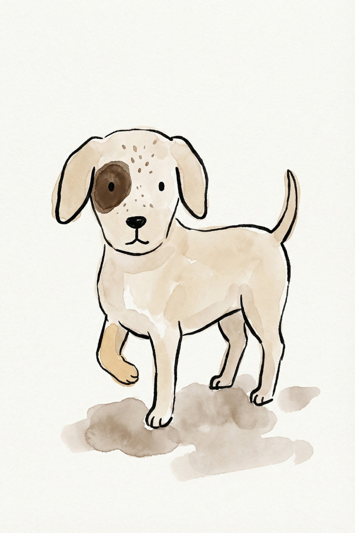 Watercolor illustration of a small puppy standing with one paw lifted and a brown patch over one eye. The neutral background highlights the dog’s gentle expression and simple form.