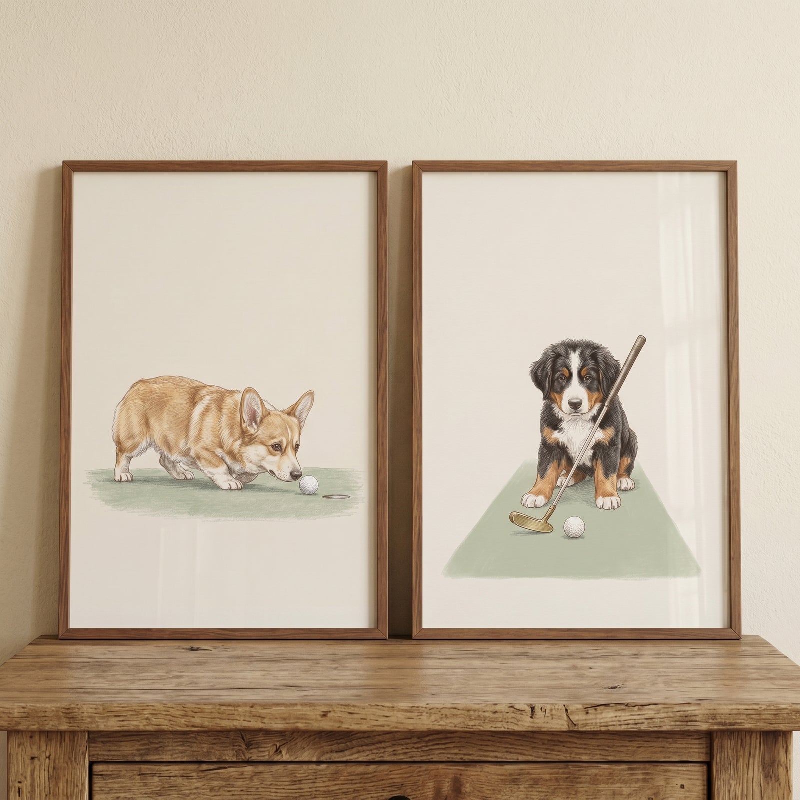 Watercolor fairway golfing dogs wall art set of 2 featuring a corgi and puppy in wooden frames on a rustic table.
