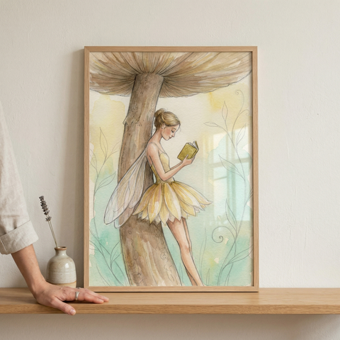 A framed illustration in a soft watercolor style featuring a whimsical fairy leaning against the thick stem of a large mushroom and reading a book. The fairy has translucent wings and a yellow dress that resembles flower petals. The sheltering mushroom cap creates a canopy over her. The artwork uses a gentle palette of yellows, browns, and pale greens. The light wood frame sits on a wooden shelf beside a small ceramic vase with a sprig of lavender.
