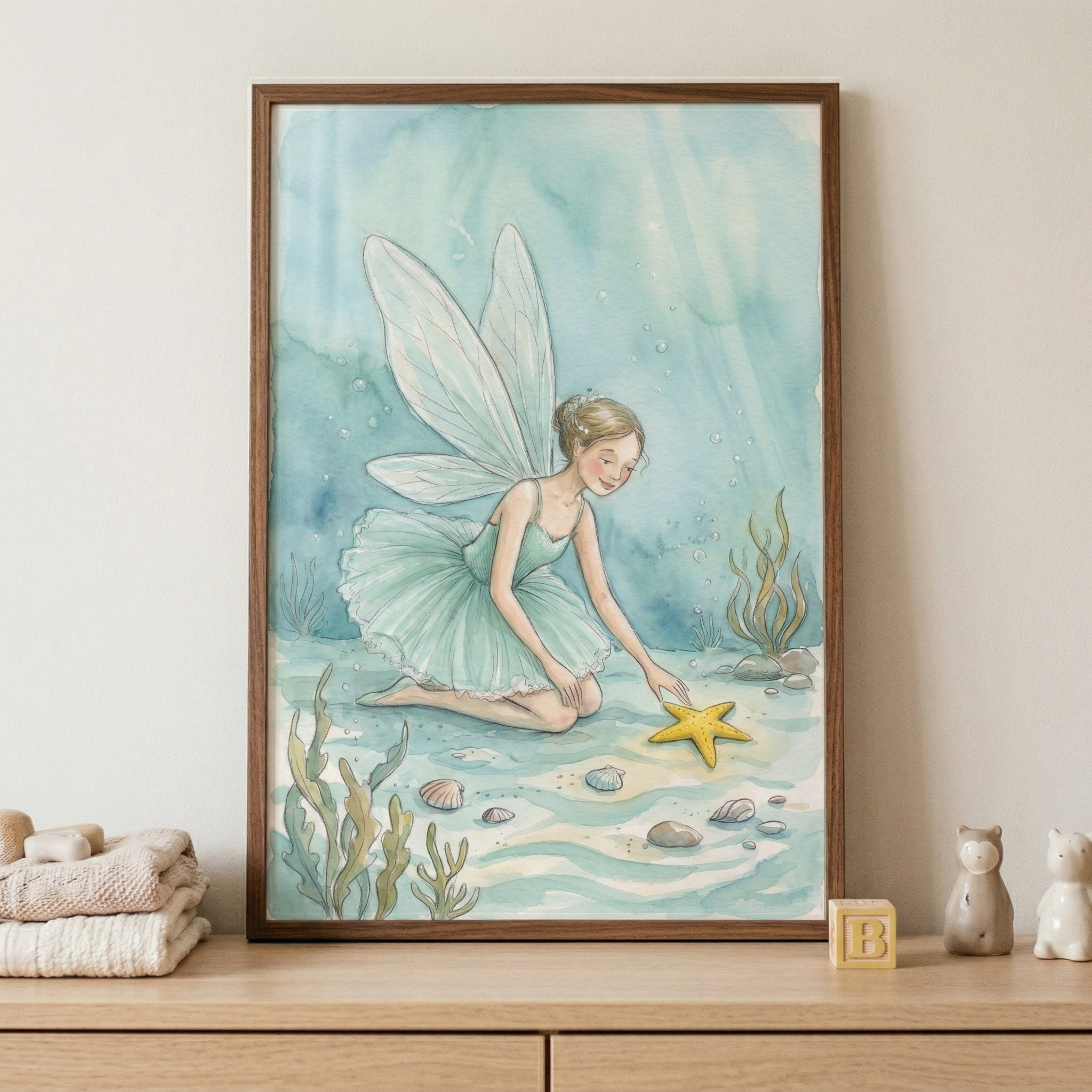 Watercolor Fairy Starfish Wall Art - Undersea Winged Sprite