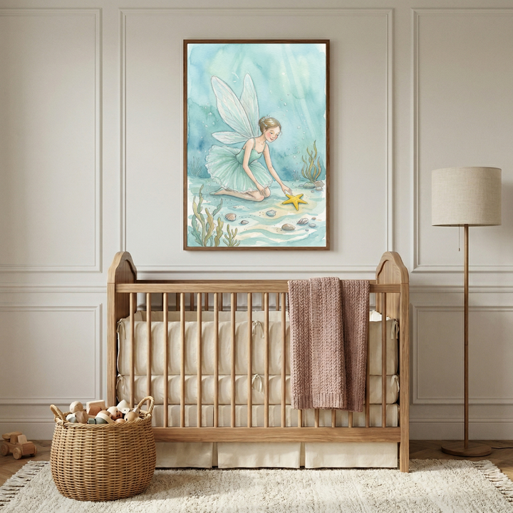 A serene nursery features a light-toned wooden crib centered against a wall with elegant panel molding. The crib is outfitted with a cream-colored bumper and a textured pink knit blanket draped over its side. 
Hanging above the crib is a framed piece of artwork depicting a soft, whimsical scene of a female figure with wings and a light-colored dress kneeling in clear, shallow water. She is reaching toward a yellow starfish on the sandy floor, surrounded by gentle-looking aquatic plants and smooth stones. 