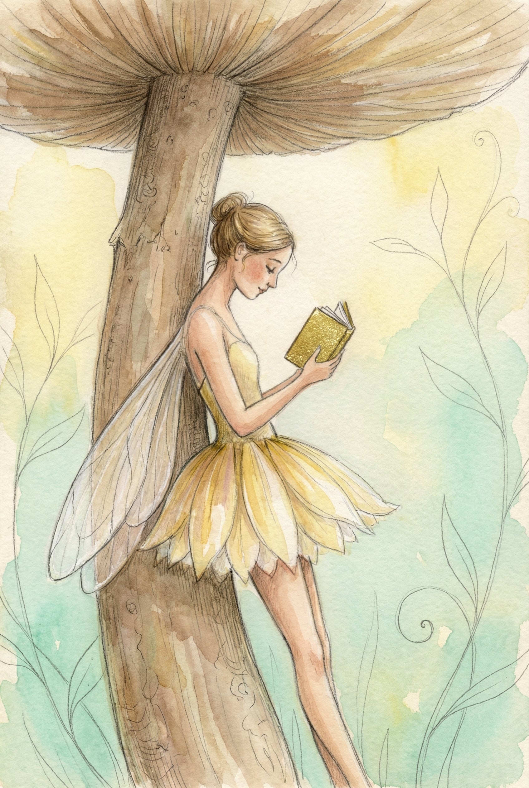 Watercolor Fairy Reading Book Wall Art - Golden Page Fairy