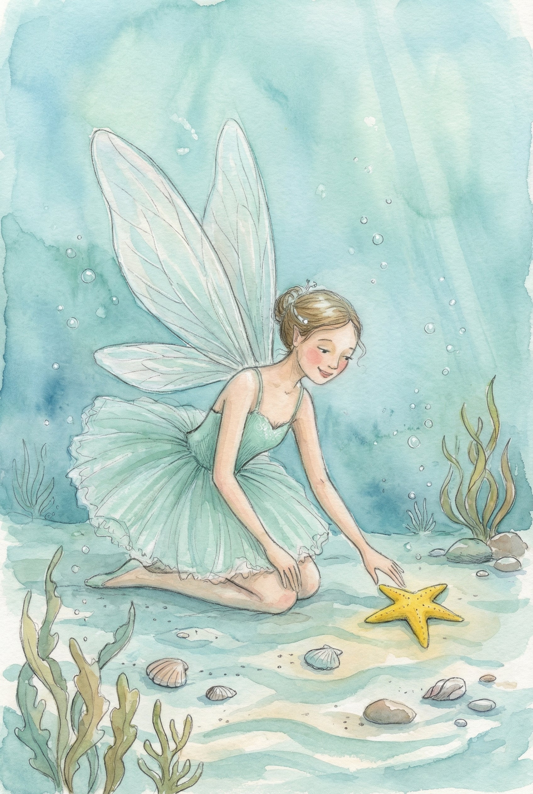 Watercolor Fairy Starfish Wall Art - Undersea Winged Sprite