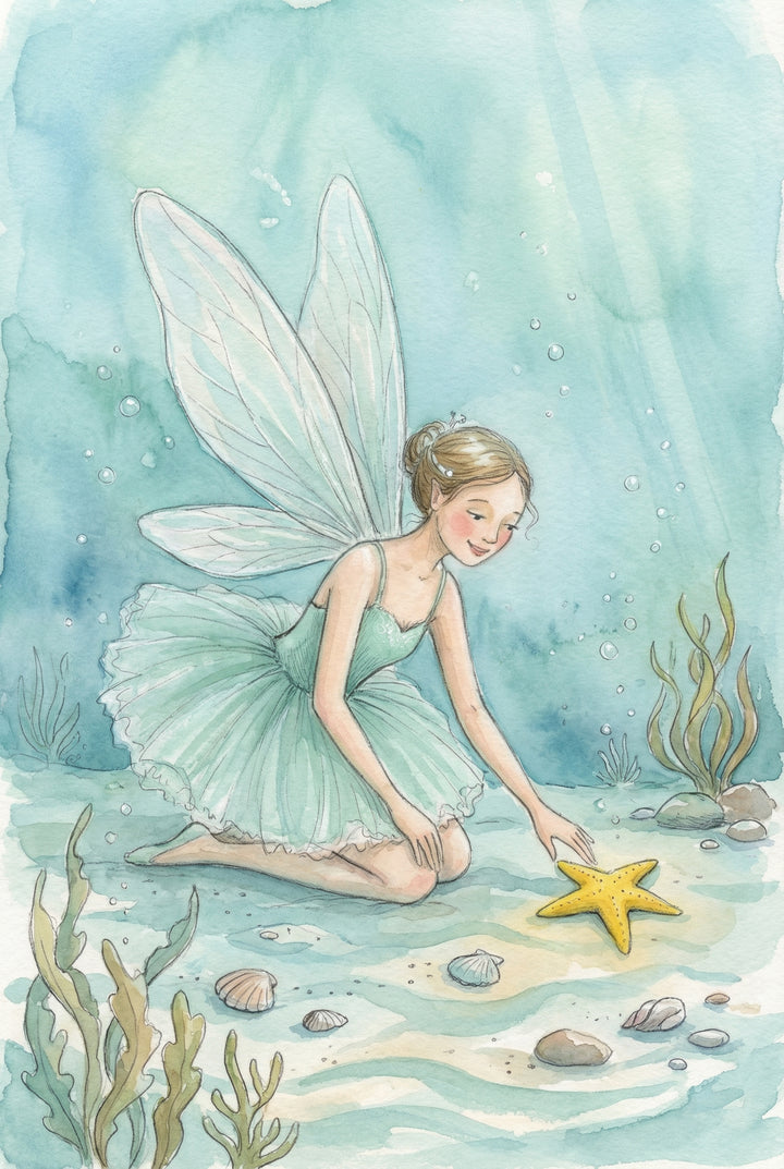 Whimsical wall art print of a fairy with translucent wings and a pale aqua dress kneeling in shallow water beside a bright yellow starfish. Soft blue green watercolor washes, seashells, bubbles, and sea plants give the scene a calm underwater storybook feel.
