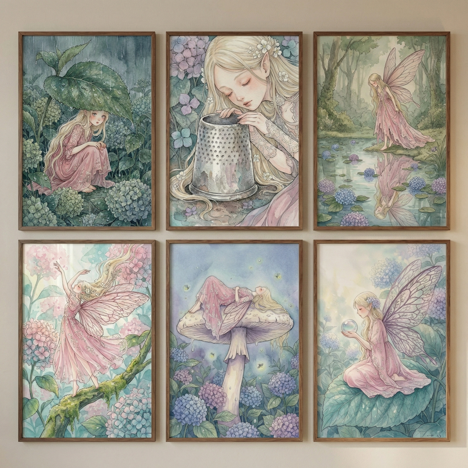 Six framed watercolor-style illustrations of small fairies in a whimsical garden setting. Each piece features a delicate figure with long hair and a soft pink dress. In the top left, a fairy huddles under a large green leaf. The top center shows a fairy peering into a small metallic thimble. The top right features a fairy by a tranquil pond with her reflection visible. 