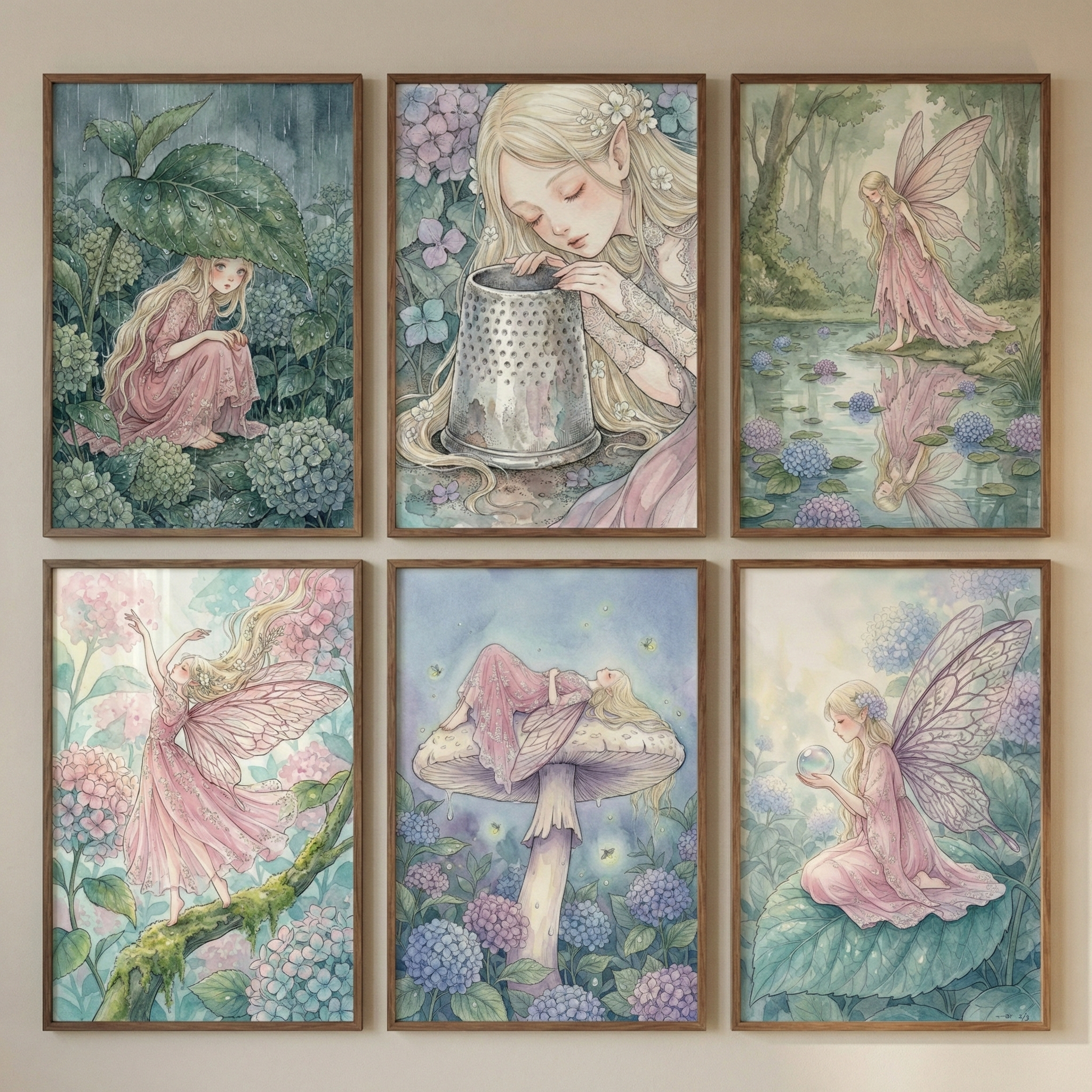 Watercolor Fairy Print For Girls Room Set of 6 - Whimsical Garden Sprite