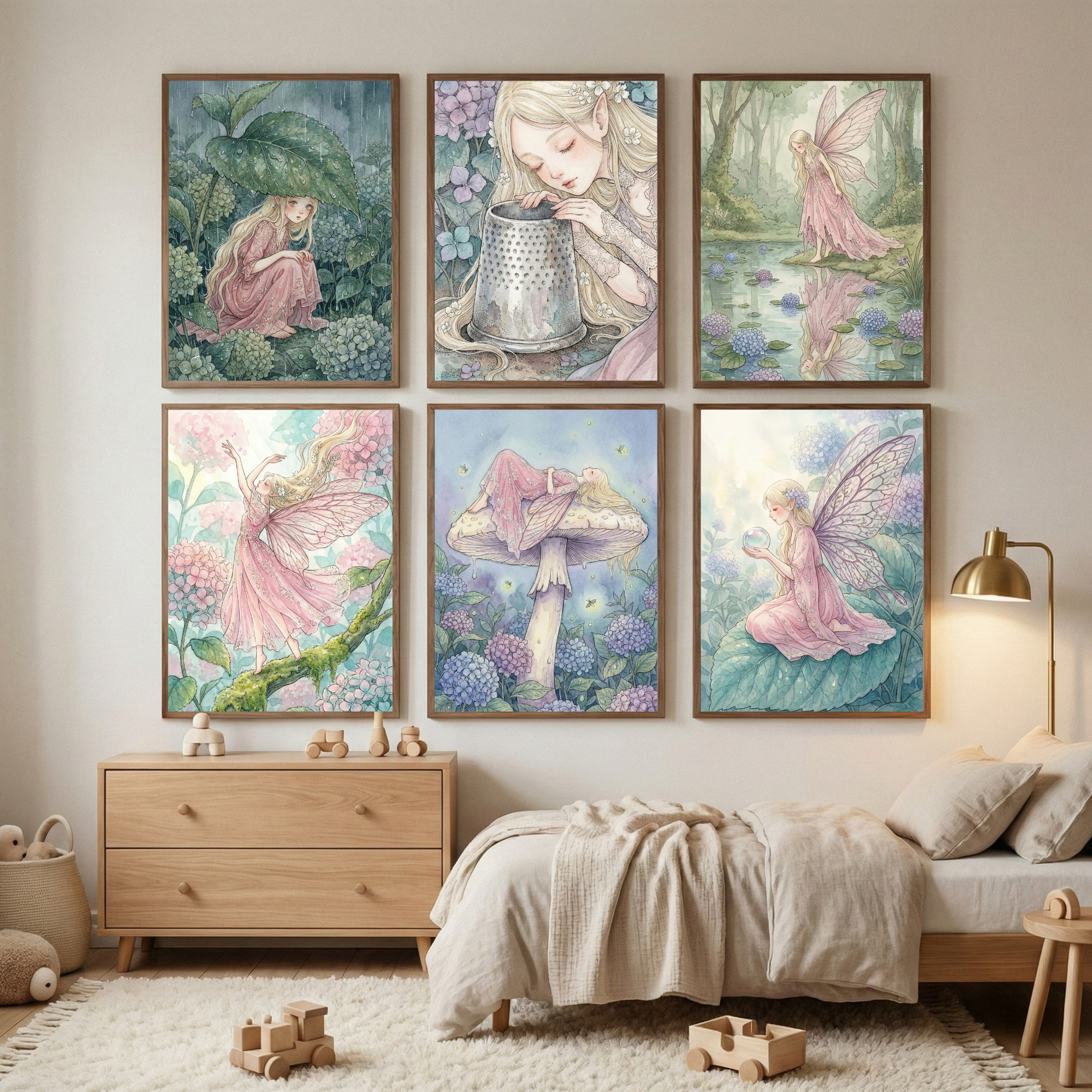 Watercolor Fairy Print For Girls Room Set of 6 - Whimsical Garden Sprite