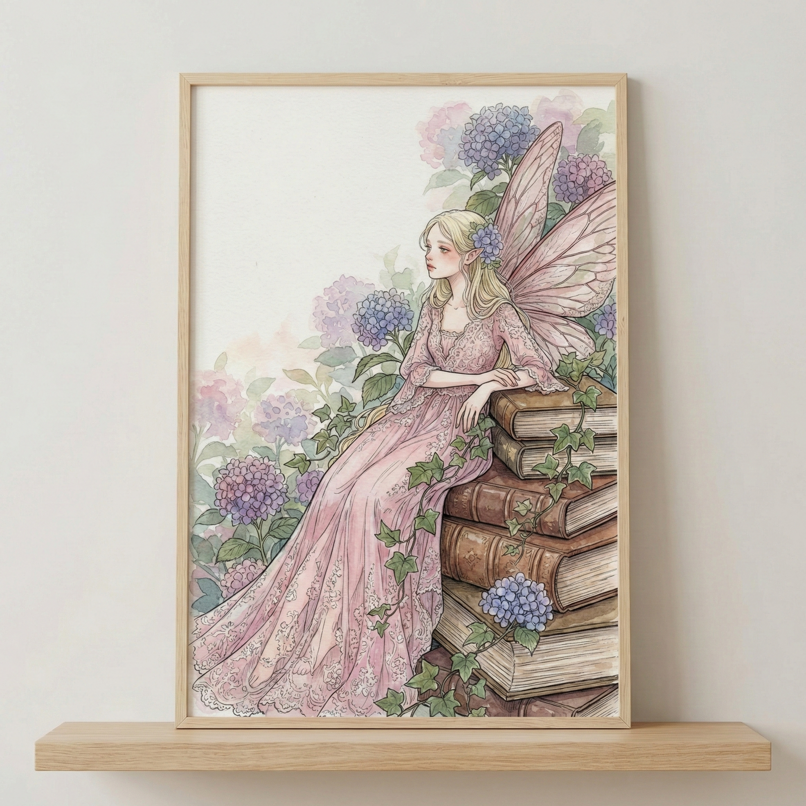 A framed watercolor-style illustration of a blonde fairy with large, delicate pink wings sits on a wooden shelf. The fairy wears a floor-length, pale pink lace gown and rests gracefully on a stack of thick, leather-bound books. She is surrounded by lush clusters of purple and blue hydrangeas, with green ivy vines intertwining around the books and flowers. The artwork features soft, pastel colors and fine ink outlines, creating a whimsical and serene atmosphere.